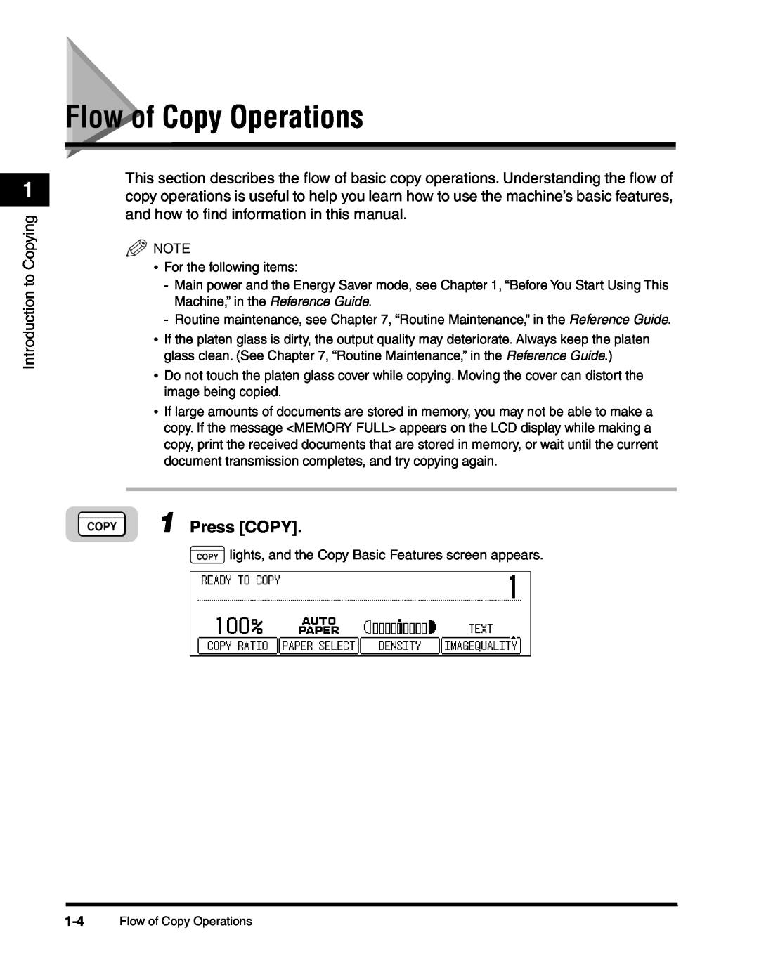 Canon 2010F manual Flow of Copy Operations, Press COPY, Introduction to Copying 