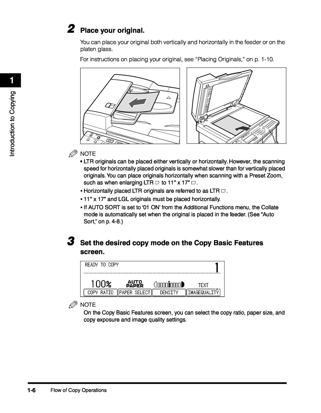 Canon 2010F Place your original, Set the desired copy mode on the Copy Basic Features screen, Introduction to Copying 