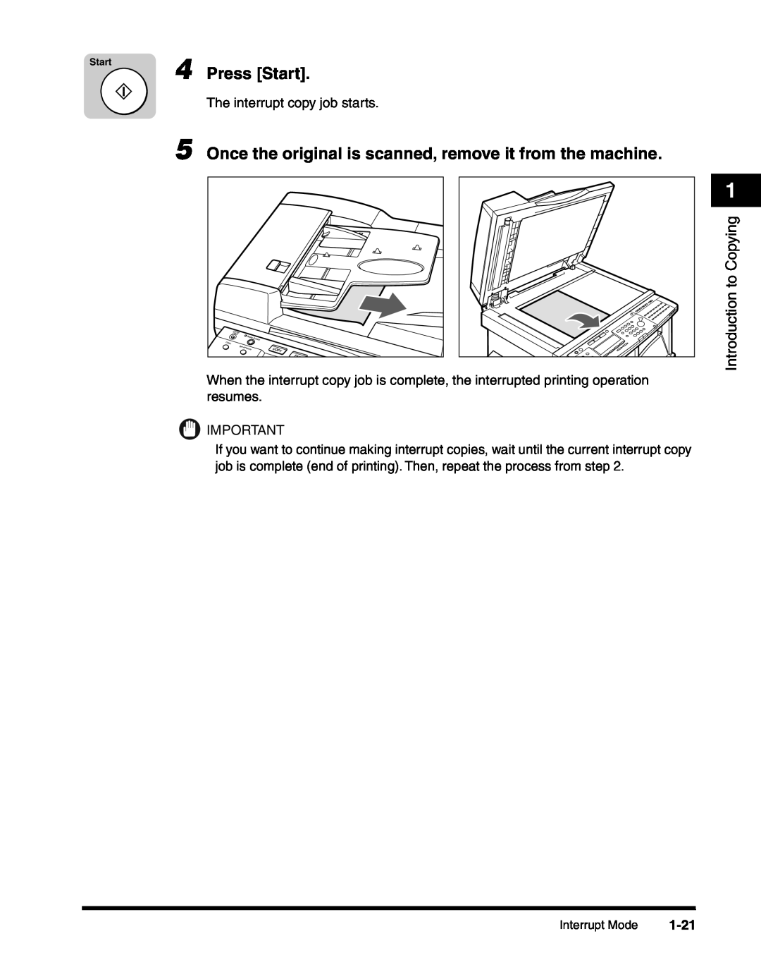 Canon 2010F manual Press Start, Once the original is scanned, remove it from the machine, 1-21, Introduction to Copying 