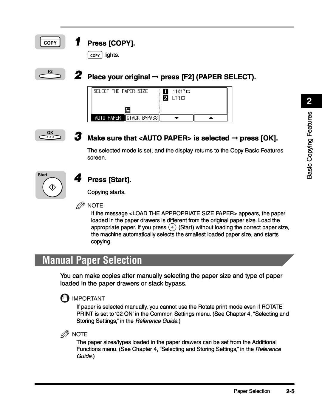 Canon 2010F Manual Paper Selection, Press COPY, Make sure that AUTO PAPER is selected press OK, Press Start, COPY lights 