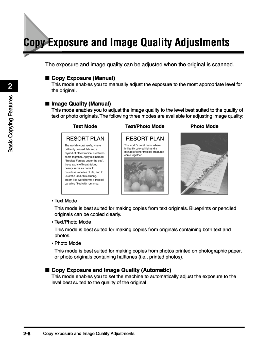 Canon 2010F Copy Exposure and Image Quality Adjustments, Copying Features, Copy Exposure Manual, Image Quality Manual 