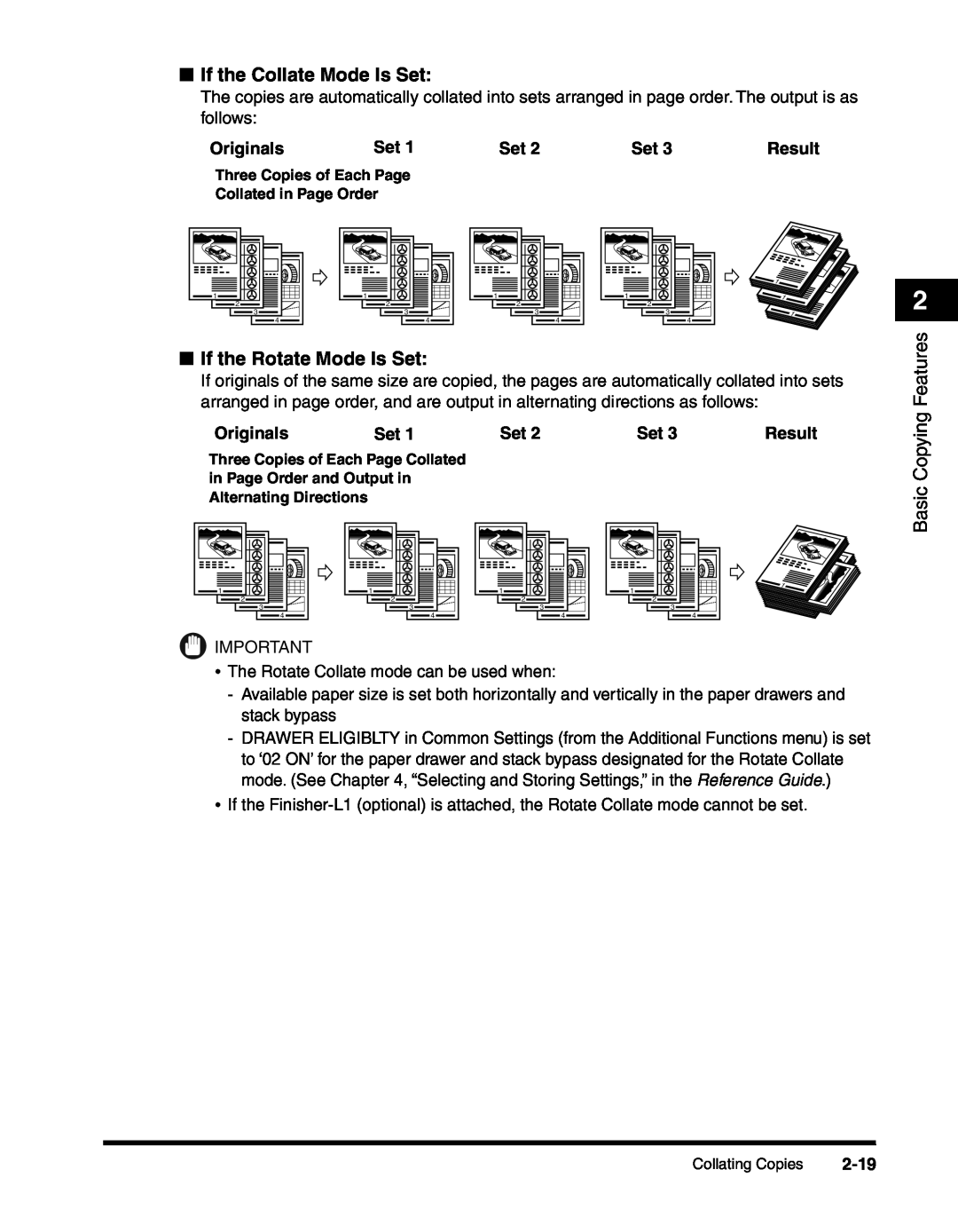 Canon 2010F manual If the Collate Mode Is Set, If the Rotate Mode Is Set, Originals, Result, 2-19, Basic Copying Features 