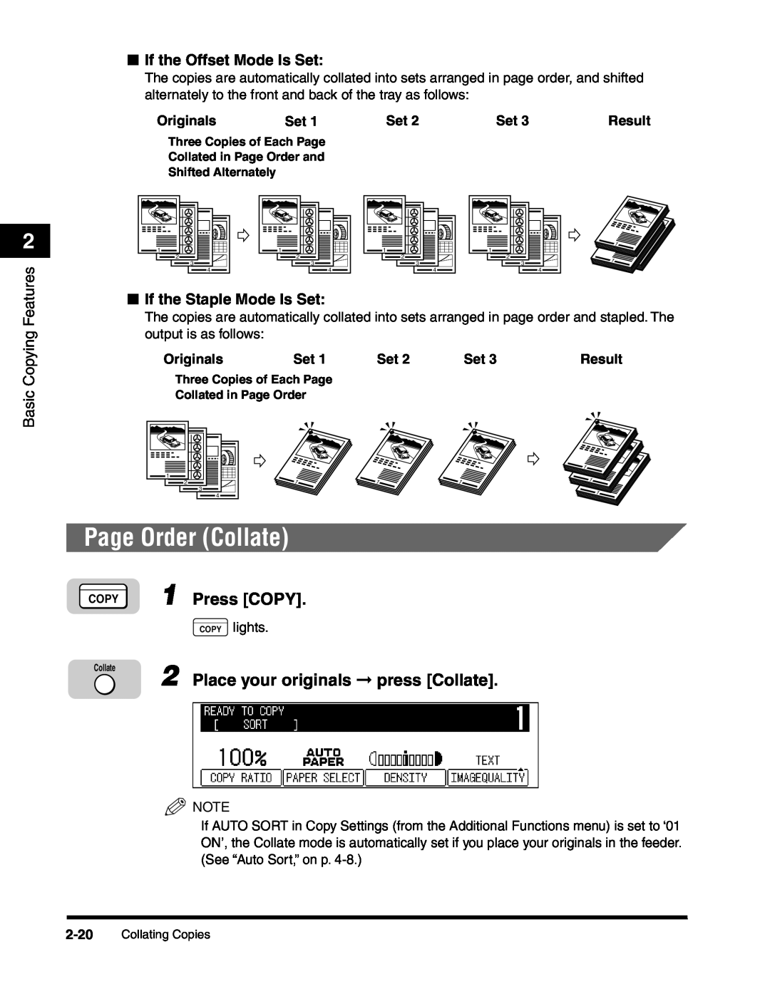Canon 2010F Page Order Collate, If the Offset Mode Is Set, If the Staple Mode Is Set, Place your originals press Collate 