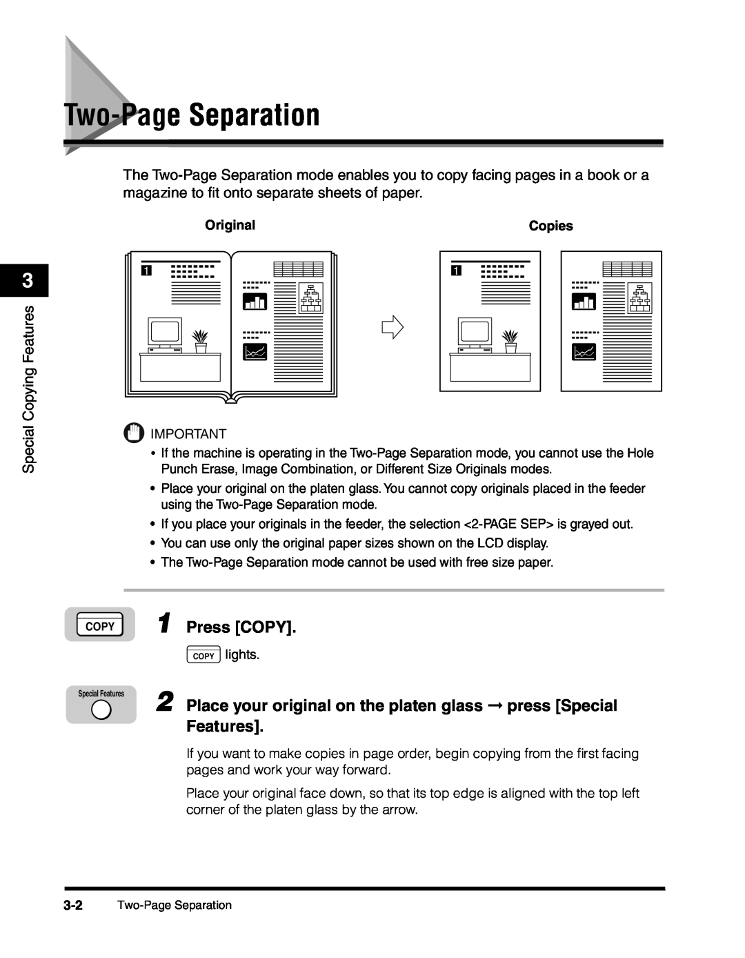 Canon 2010F Two-Page Separation, Features, Place your original on the platen glass press Special, Copies, Press COPY 