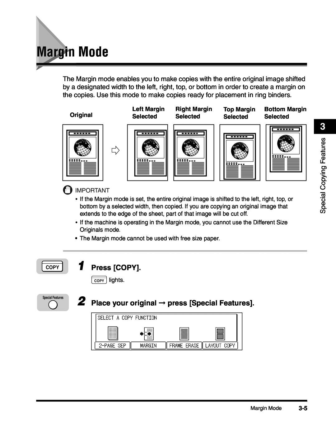 Canon 2010F manual Margin Mode, Place your original press Special Features, Press COPY 