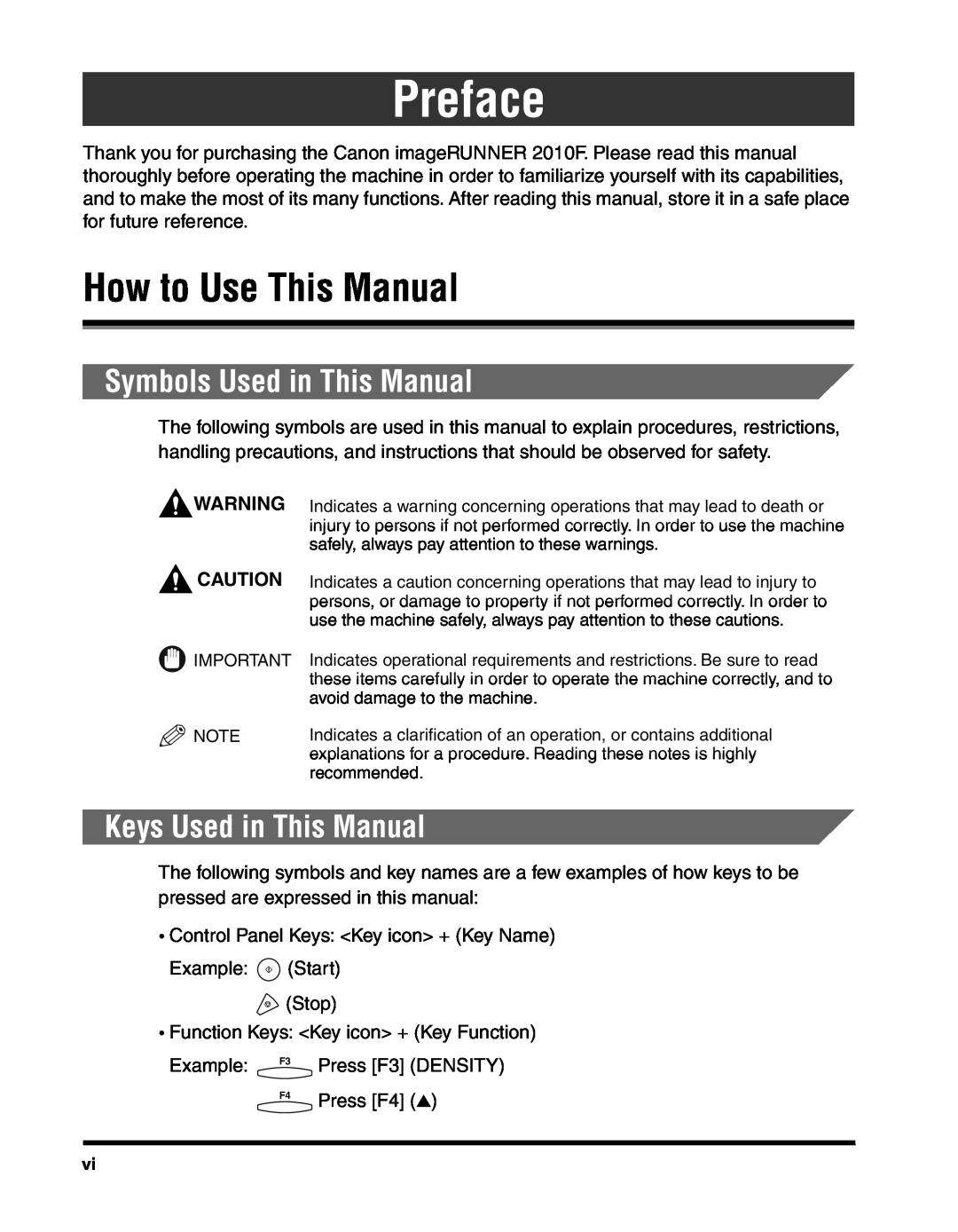 Canon 2010F manual How to Use This Manual, Symbols Used in This Manual, Keys Used in This Manual, Preface 