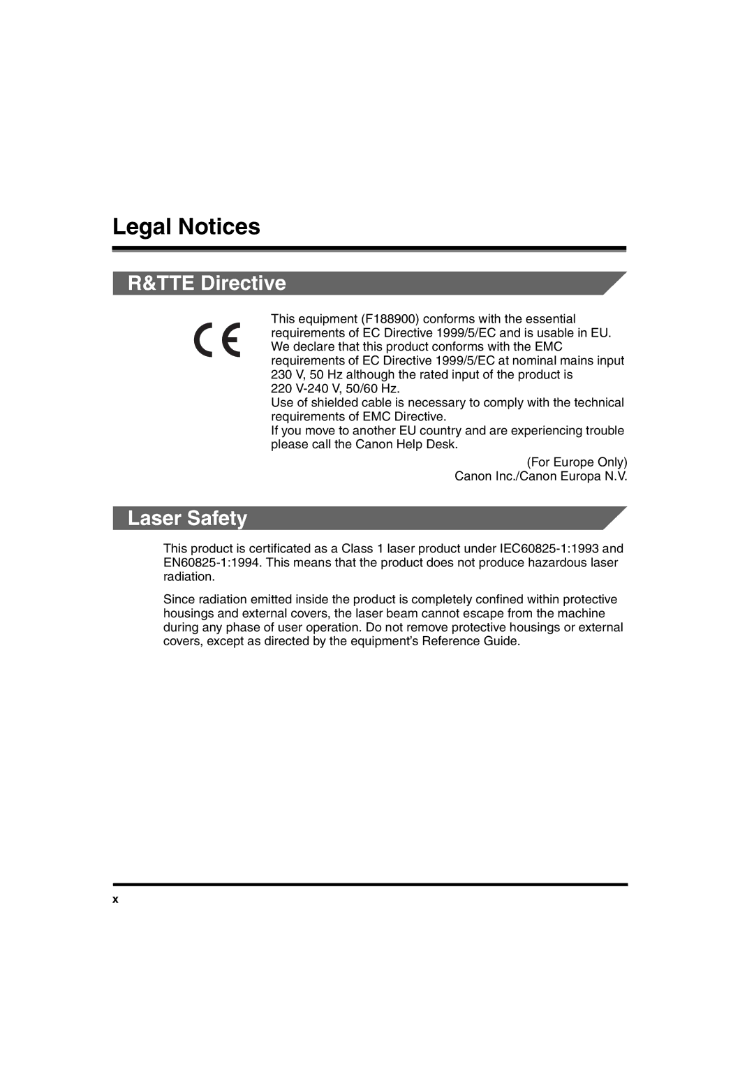 Canon 2016 manual Legal Notices, TTE Directive, Laser Safety 