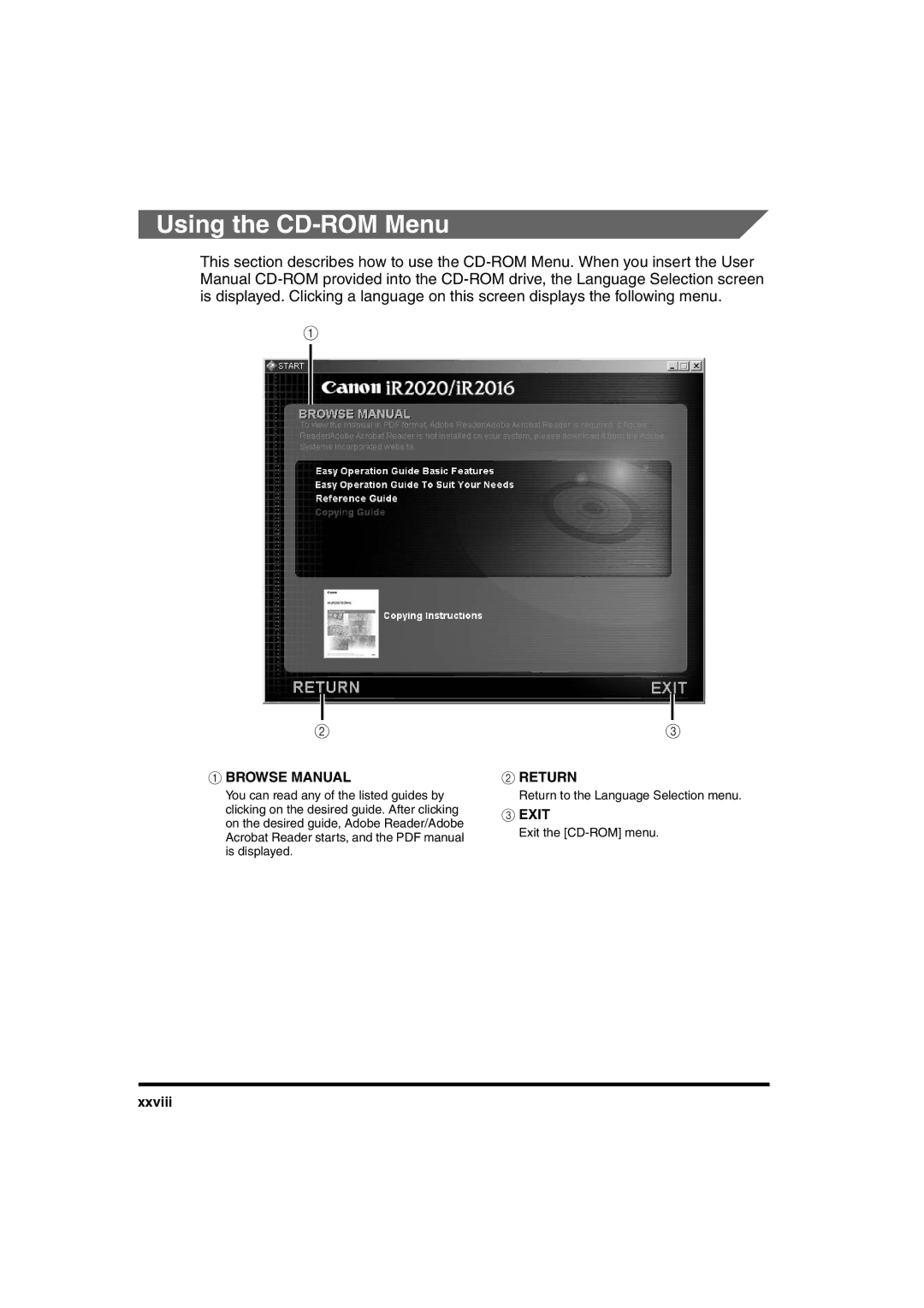 Canon 2016 manual Using the CD-ROM Menu 