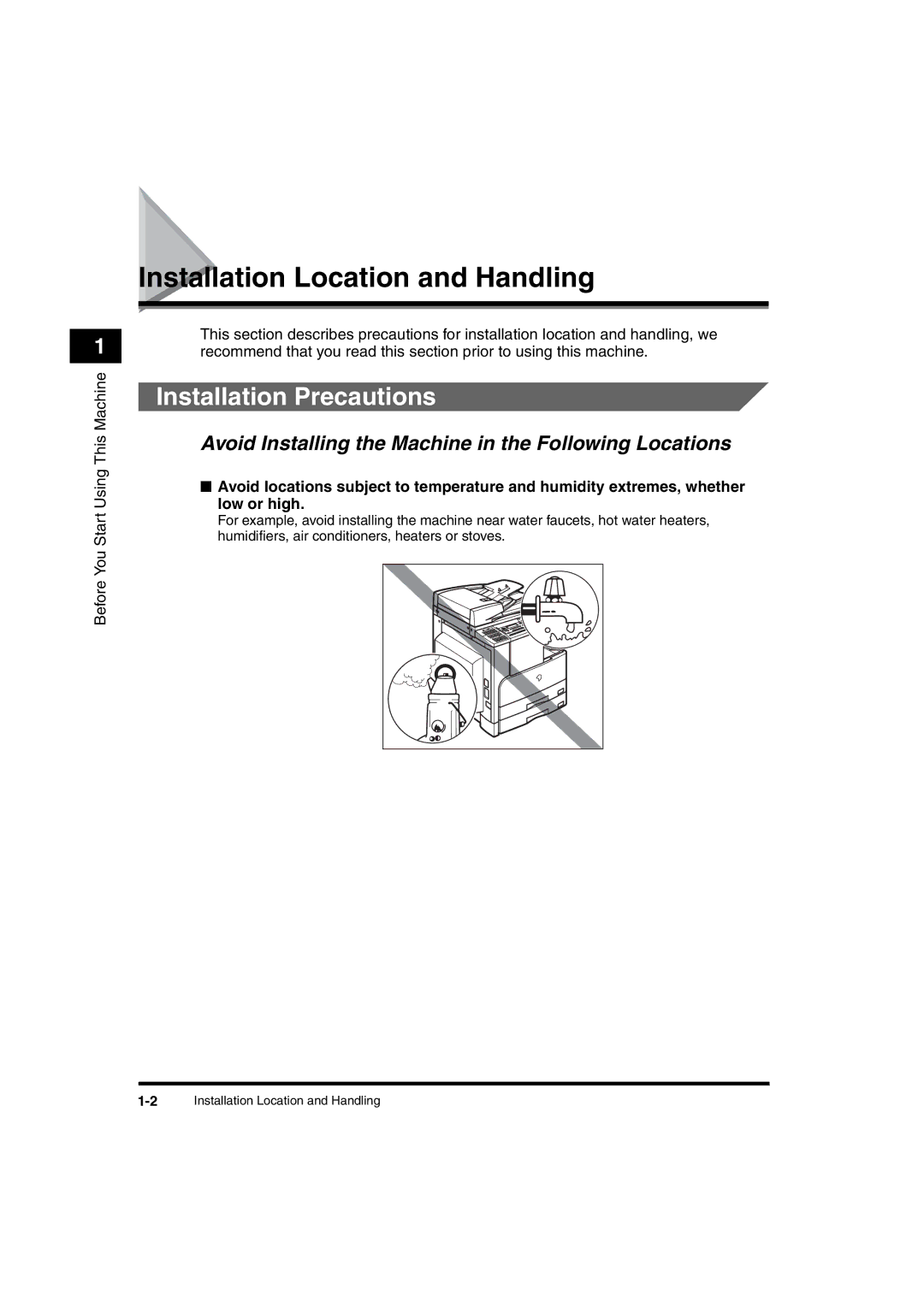 Canon 2016 manual Installation Location and Handling, Installation Precautions 