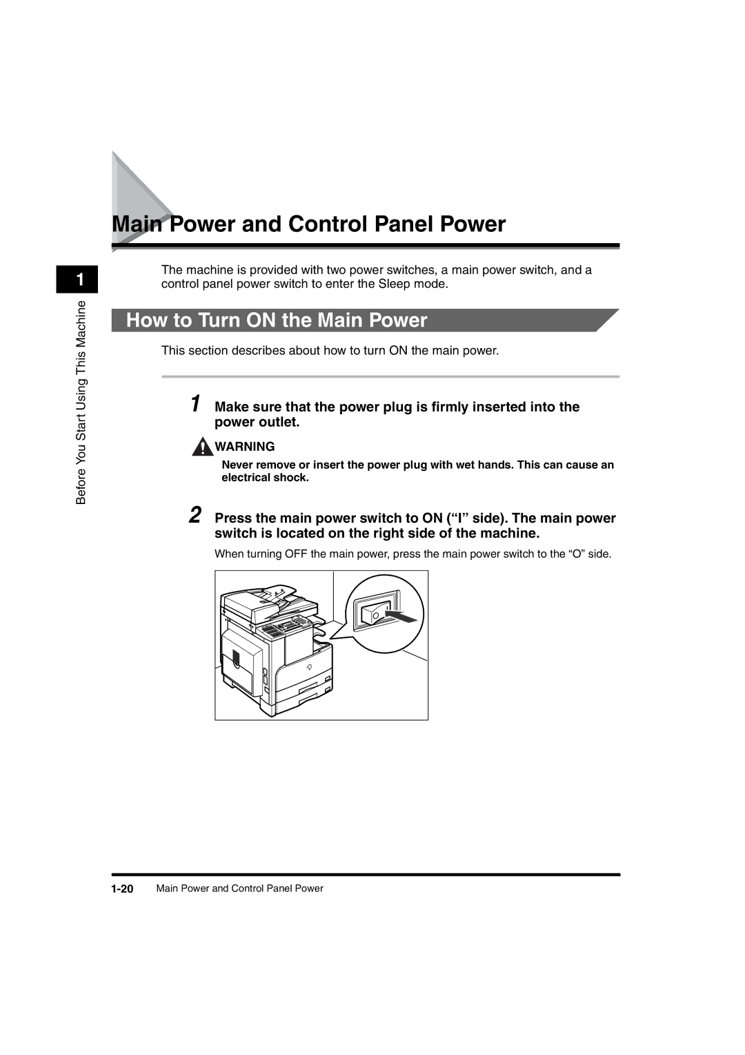 Canon 2016 manual Main Power and Control Panel Power, How to Turn on the Main Power 