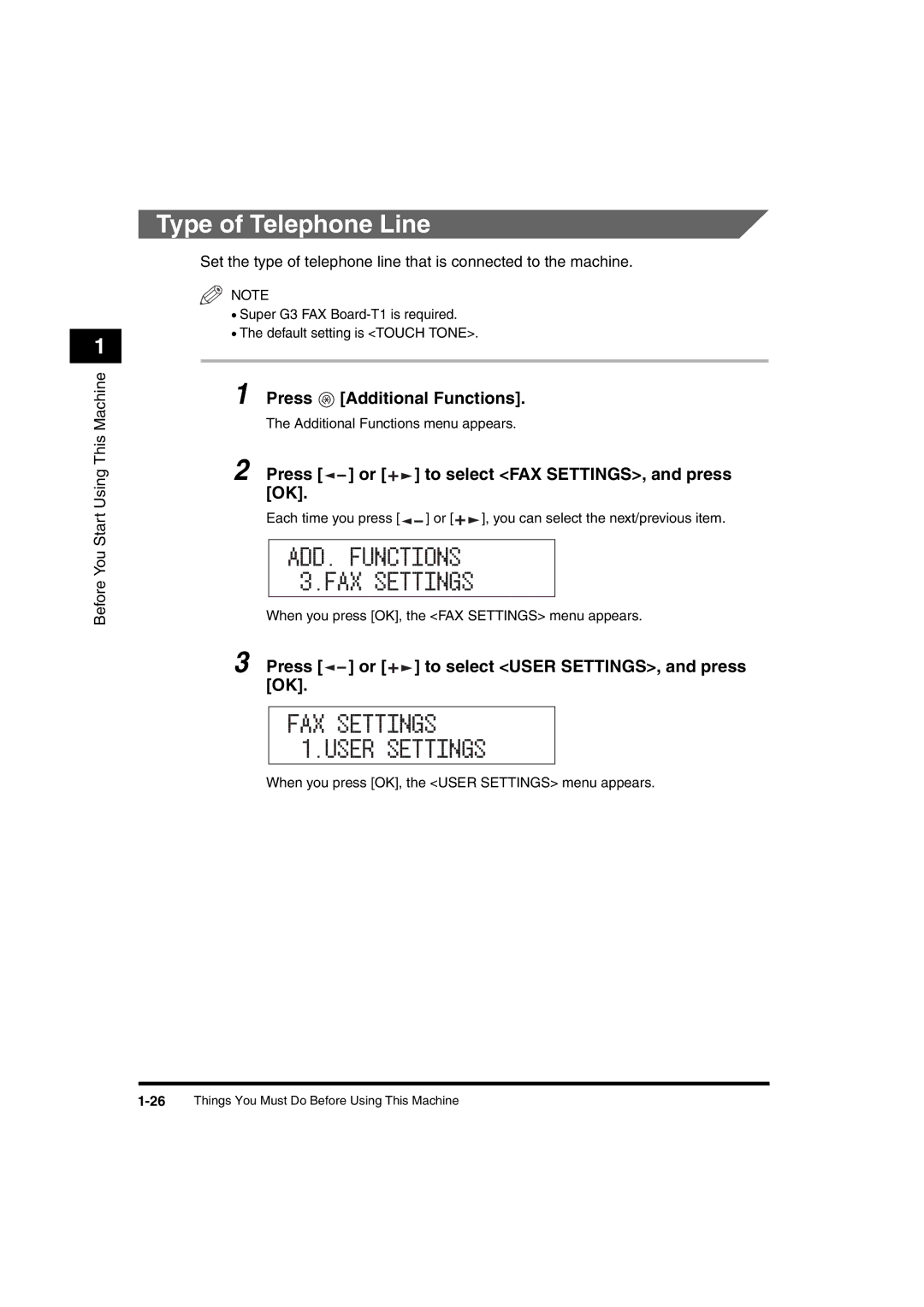 Canon 2016 manual Type of Telephone Line, ADD. Functions 3.FAX Settings 