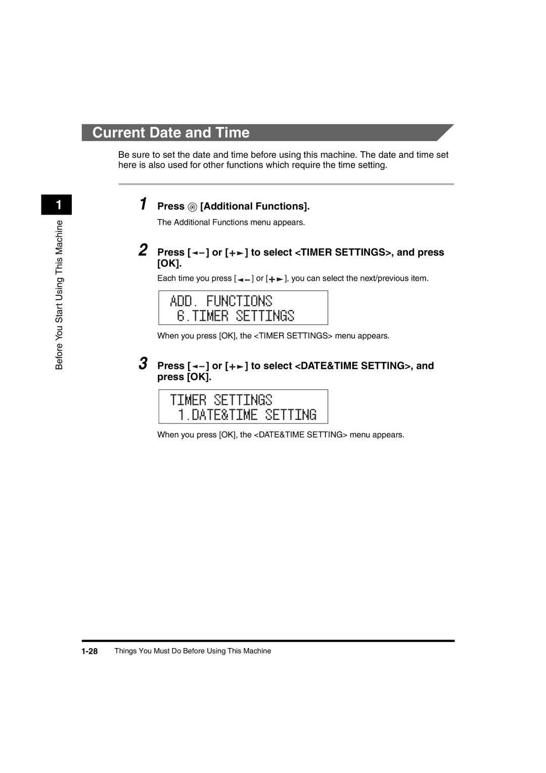 Canon 2016 manual Current Date and Time, ADD. Functions 6.TIMER Settings 