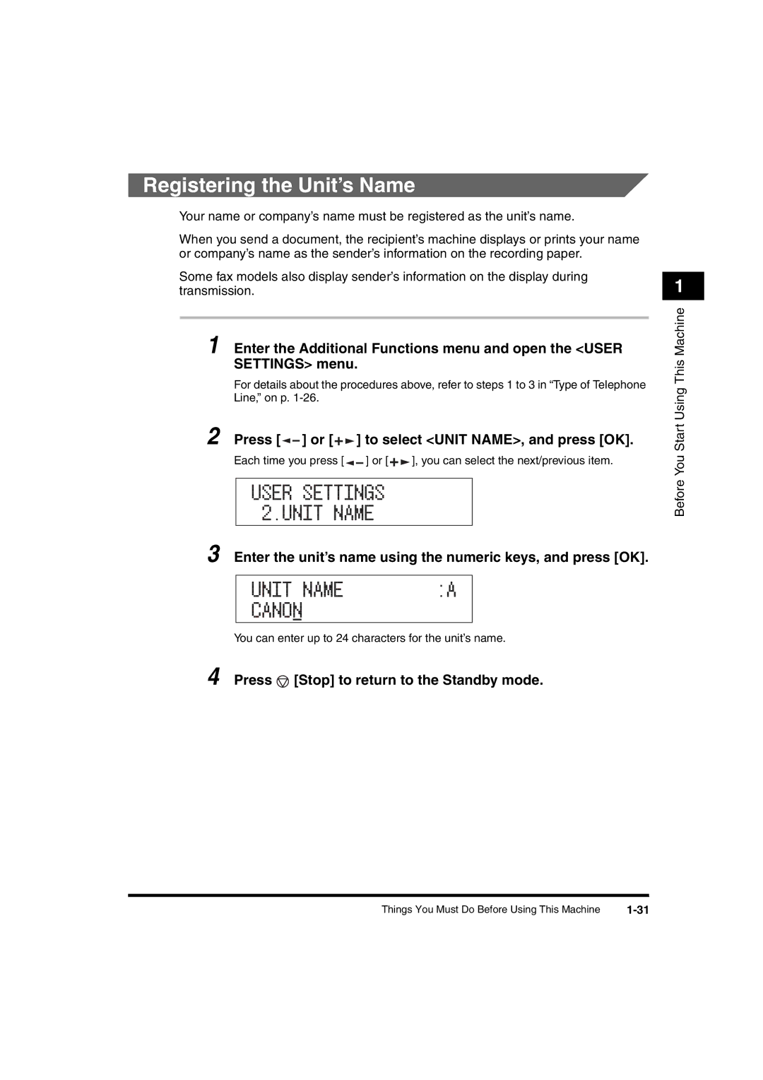 Canon 2016 manual Unit Name Canon, Registering the Unit’s Name 