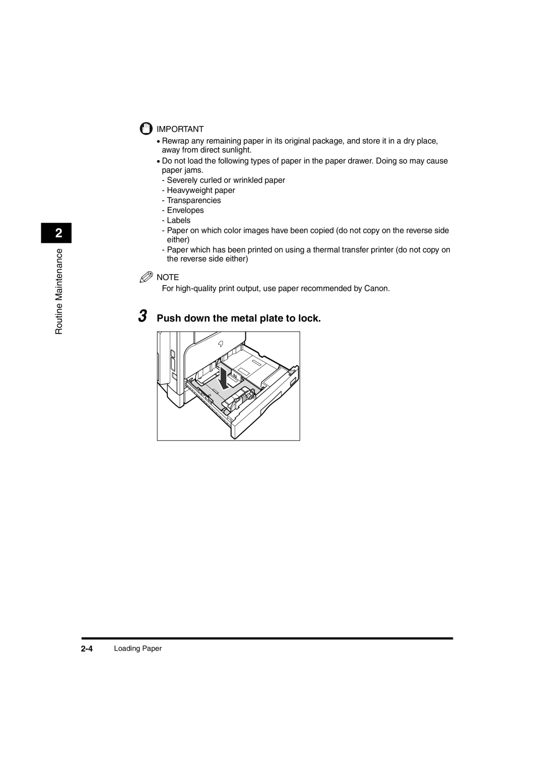 Canon 2016 manual Push down the metal plate to lock 