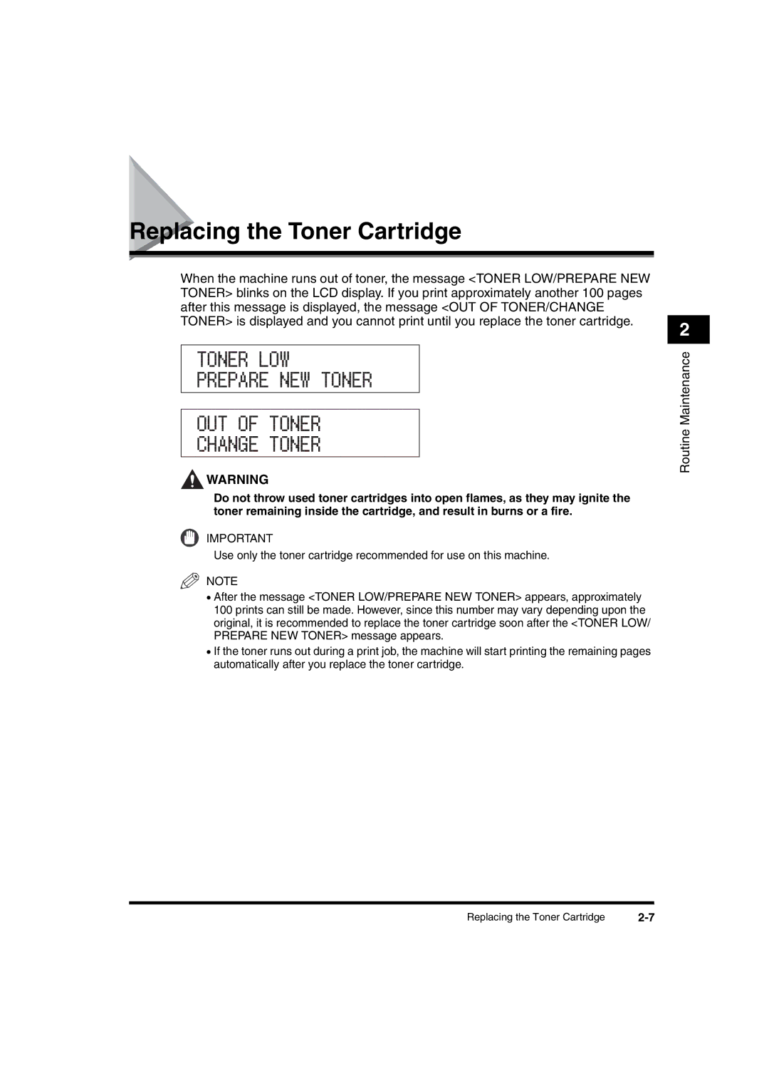 Canon 2016 manual Toner LOW Prepare NEW Toner OUT of Toner Change Toner, Replacing the Toner Cartridge 