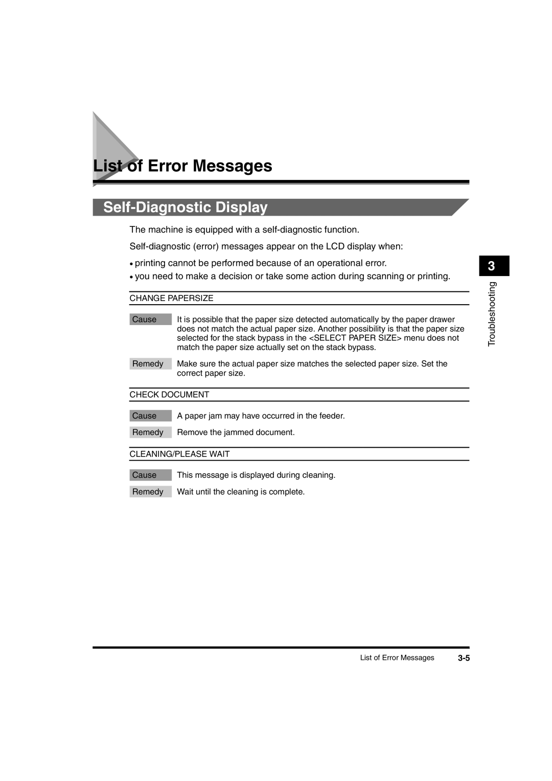 Canon 2016 manual List of Error Messages, Self-Diagnostic Display 