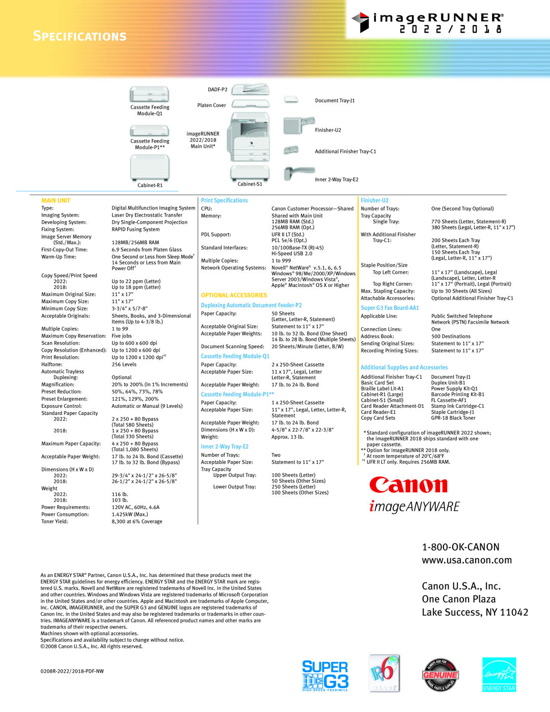 Canon 2022 Canon U.S.A., Inc One Canon Plaza Lake Success, NY, Main Unit, Print Specifications, Optional Accessories 