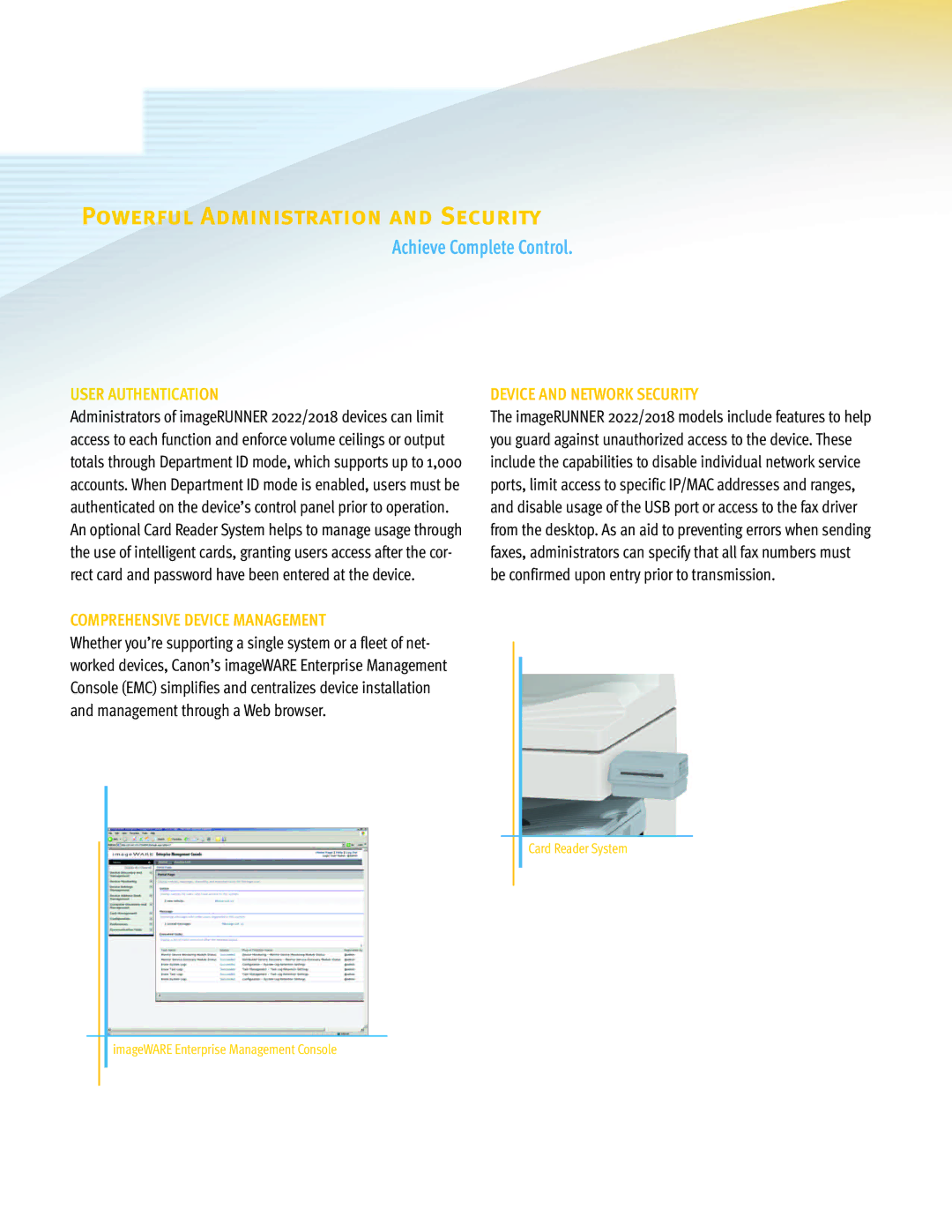 Canon 2022, 2018 manual Powerful Administration and Security, Achieve Complete Control, User Authentication 