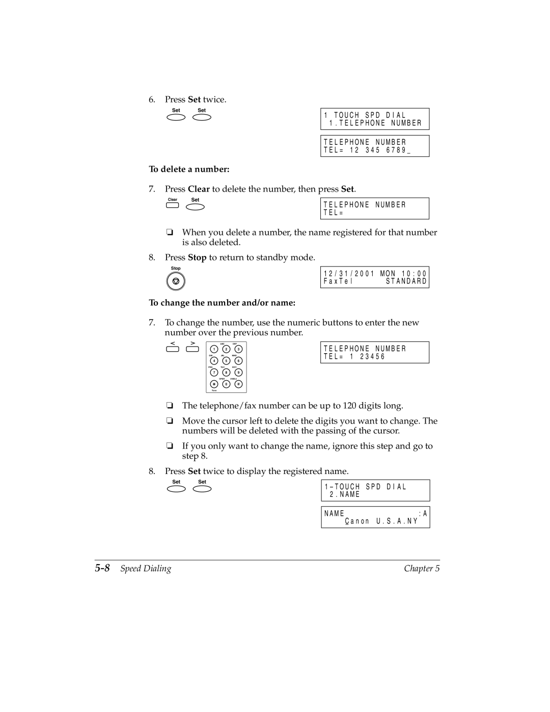 Canon 2060P manual To delete a number, To change the number and/or name, 8Speed Dialing 