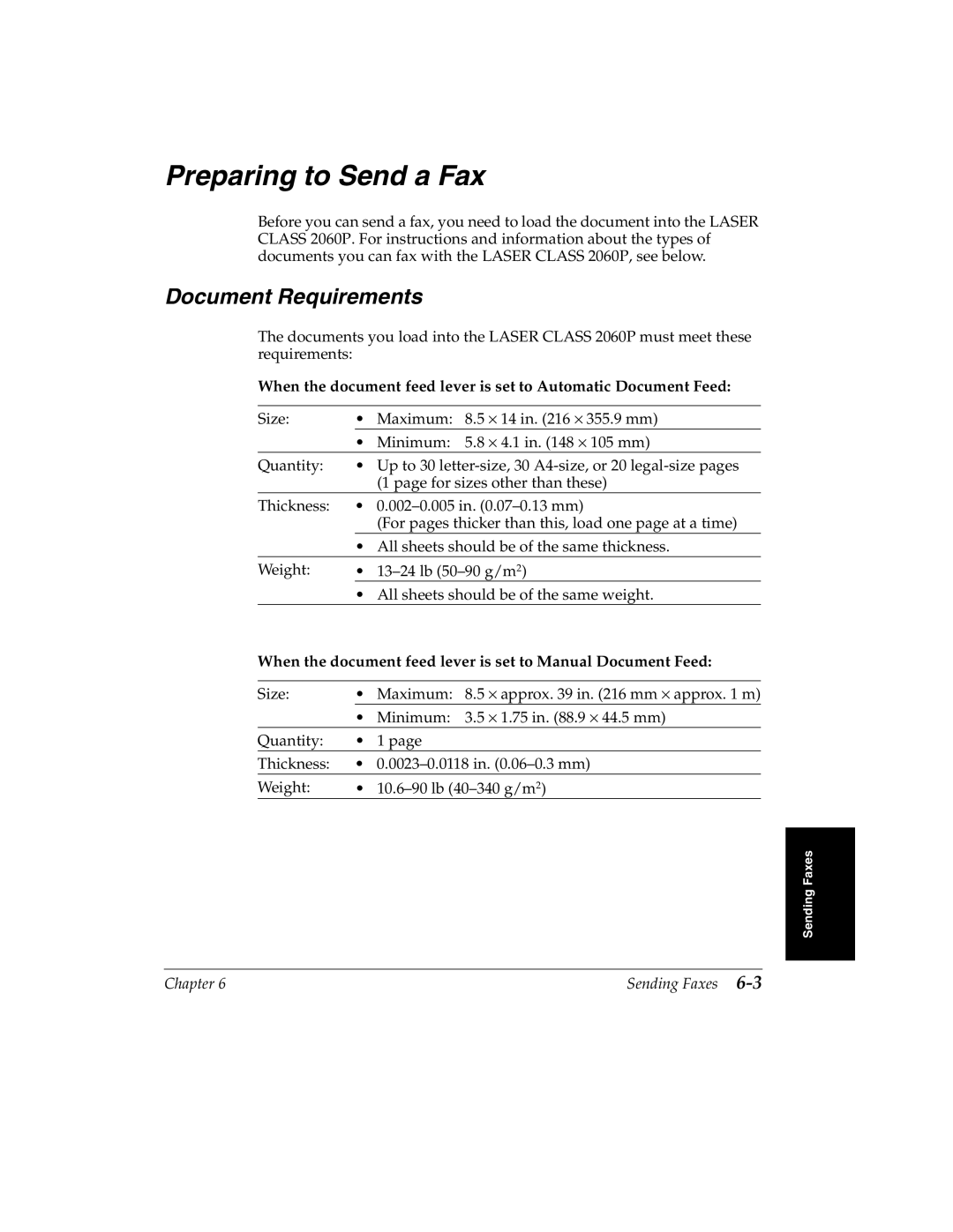 Canon 2060P Preparing to Send a Fax, Document Requirements, When the document feed lever is set to Manual Document Feed 