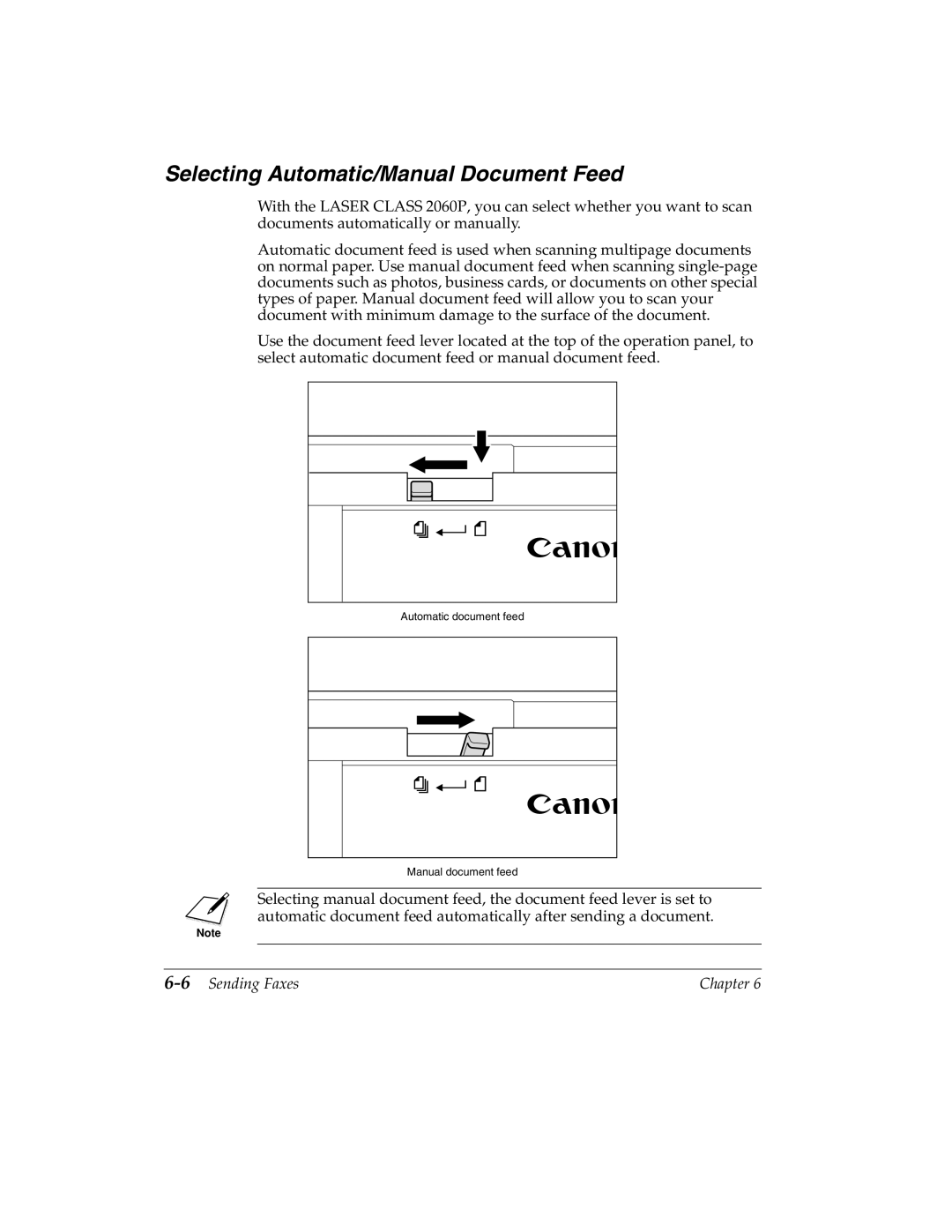 Canon 2060P manual Selecting Automatic/Manual Document Feed, 6Sending Faxes 