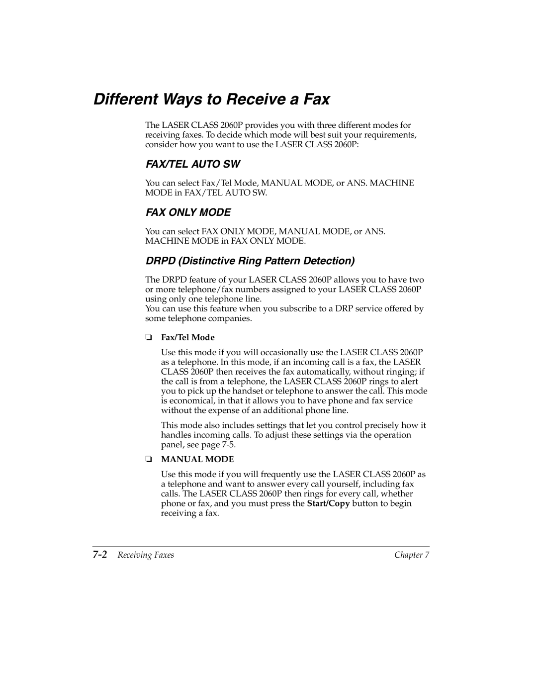 Canon 2060P manual Different Ways to Receive a Fax, Drpd Distinctive Ring Pattern Detection, Fax/Tel Mode, 2Receiving Faxes 