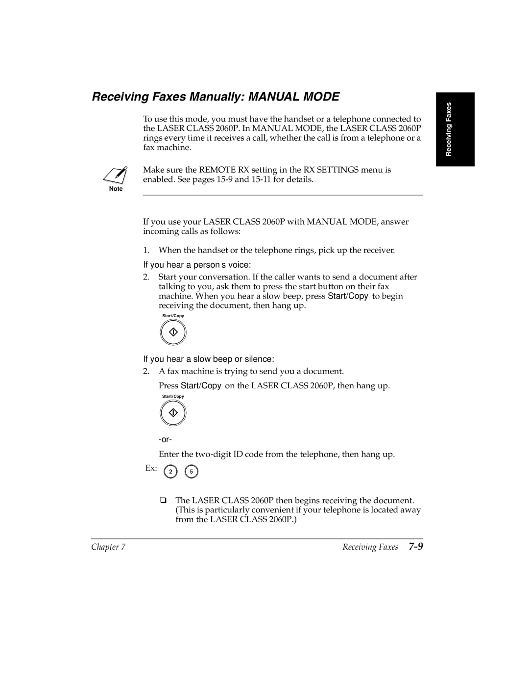 Canon 2060P manual Receiving Faxes Manually Manual Mode, If you hear a person’s voice, If you hear a slow beep or silence 