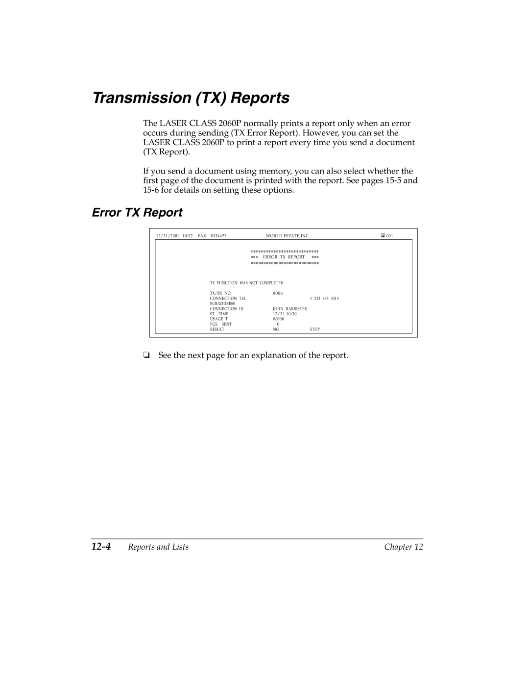 Canon 2060P manual Transmission TX Reports, Error TX Report 