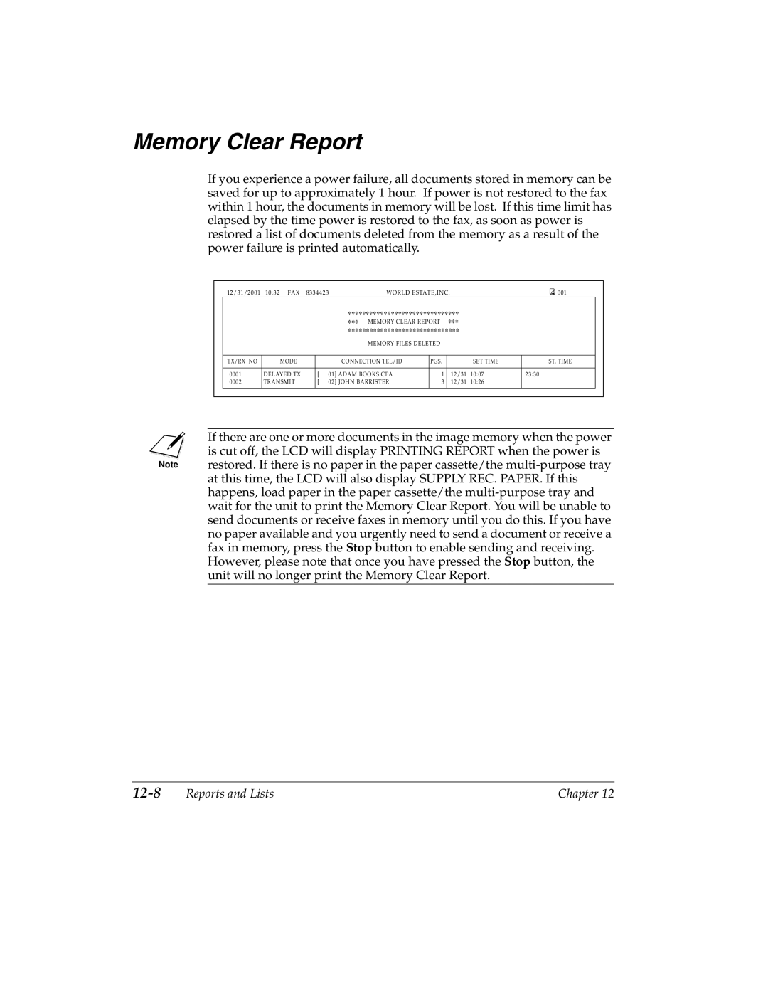 Canon 2060P manual Memory Clear Report 