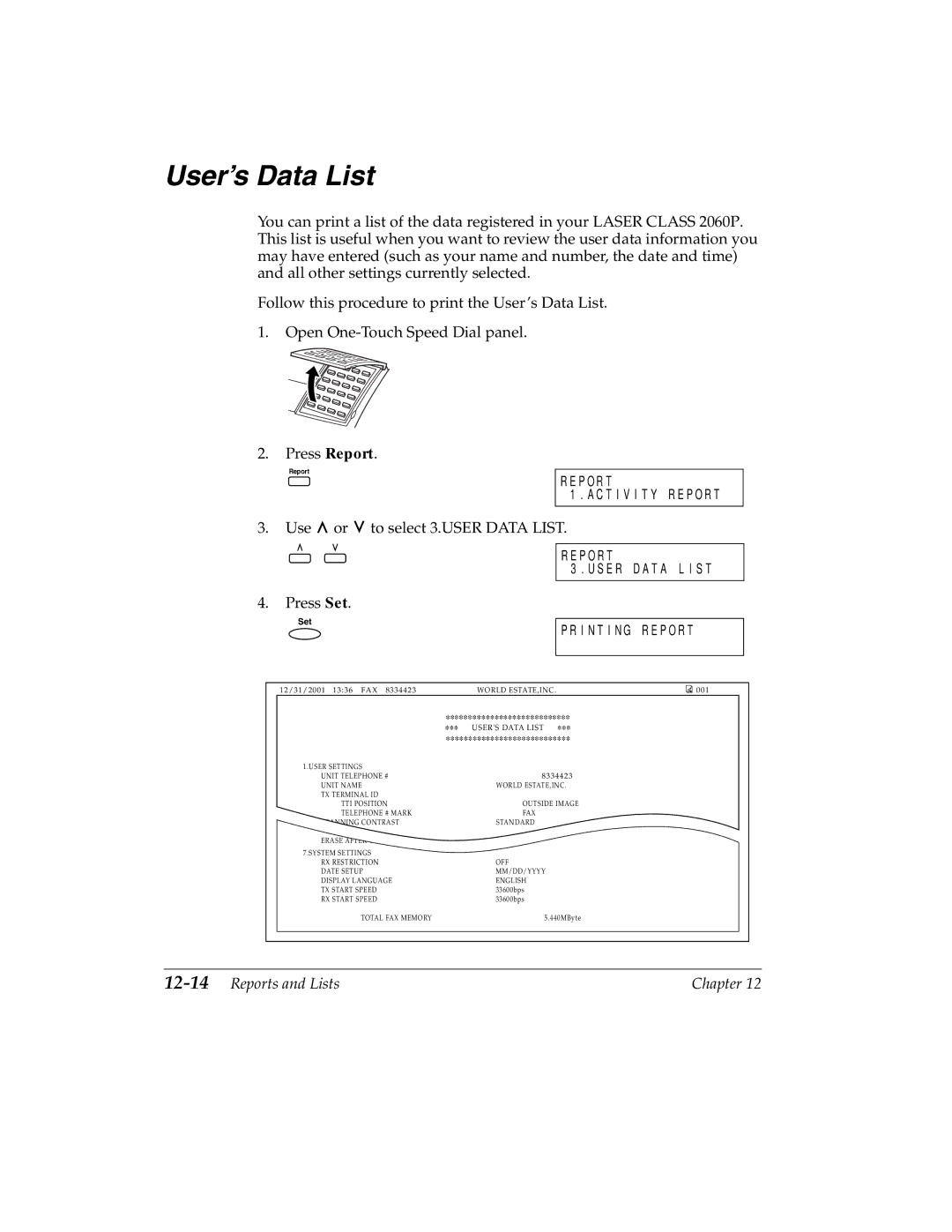 Canon 2060P manual User’s Data List, 12-14Reports and Lists 