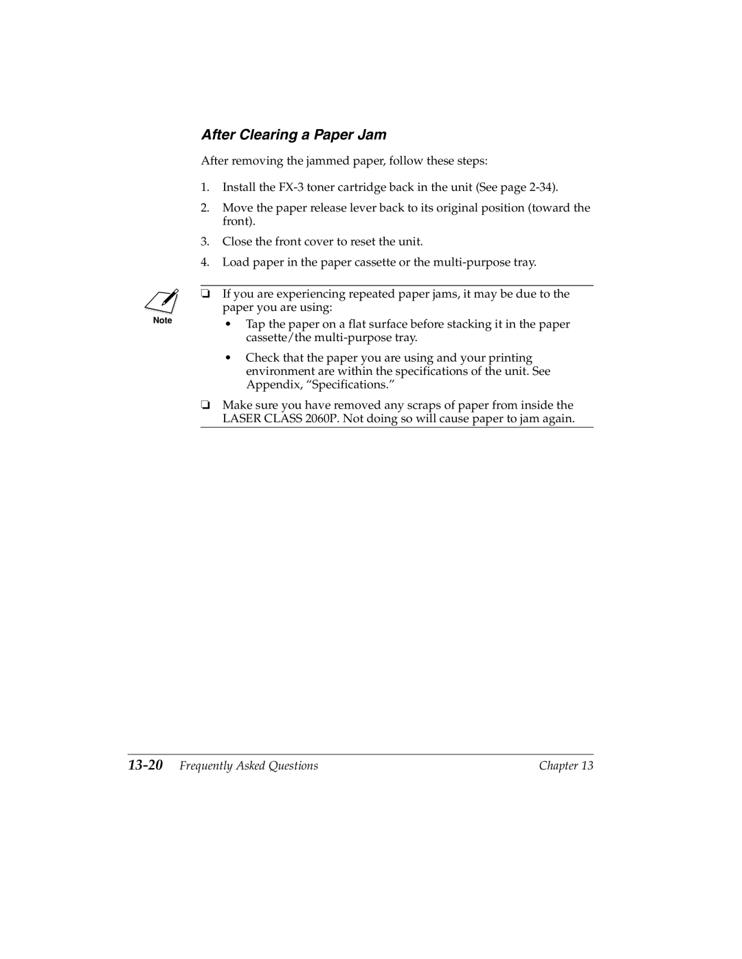 Canon 2060P manual After Clearing a Paper Jam, 13-20Frequently Asked Questions 