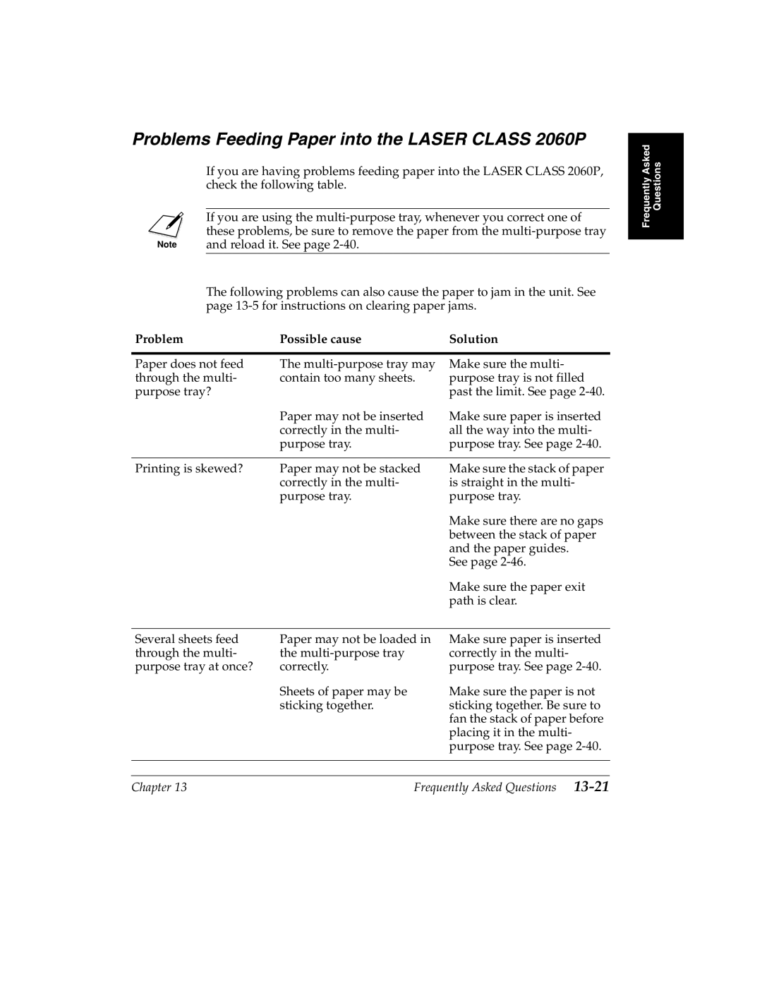 Canon manual Problems Feeding Paper into the Laser Class 2060P, Problem Possible cause Solution 