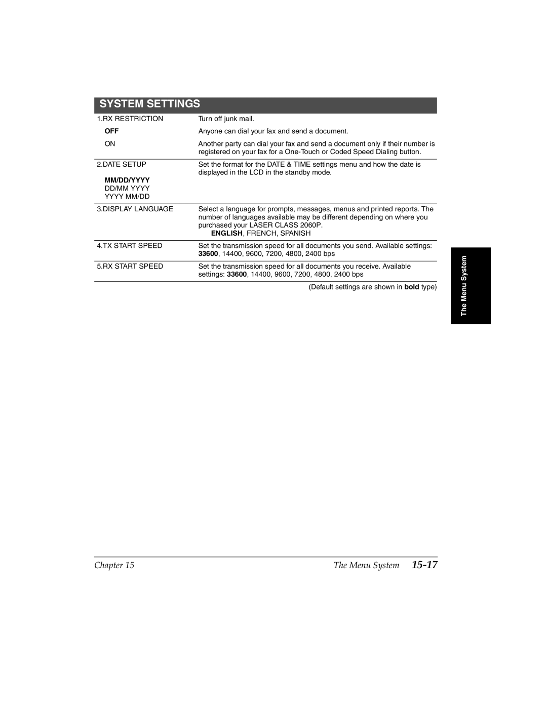 Canon 2060P manual System Settings 