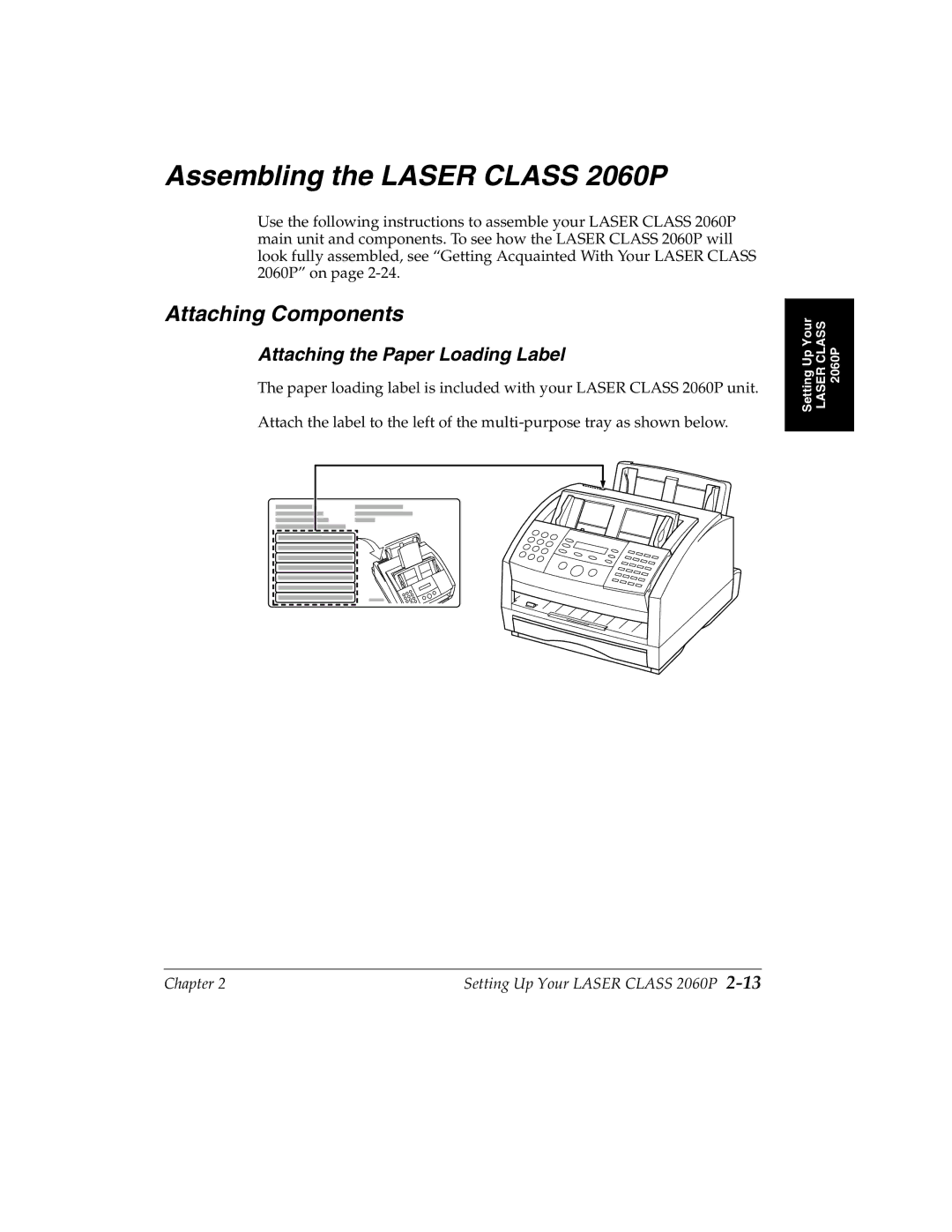 Canon manual Assembling the Laser Class 2060P, Attaching Components, Attaching the Paper Loading Label 