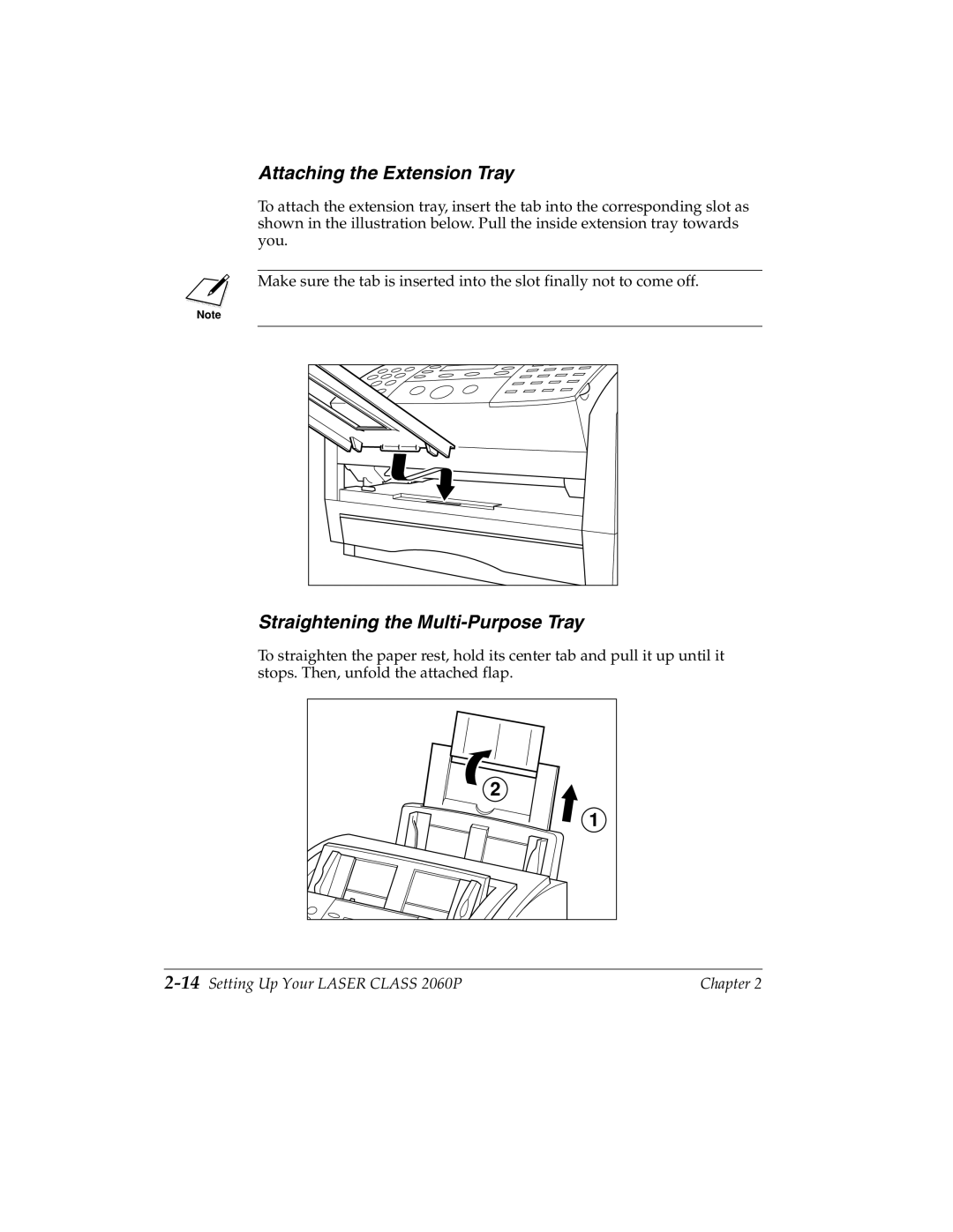 Canon manual Attaching the Extension Tray, Straightening the Multi-Purpose Tray, 14Setting Up Your Laser Class 2060P 