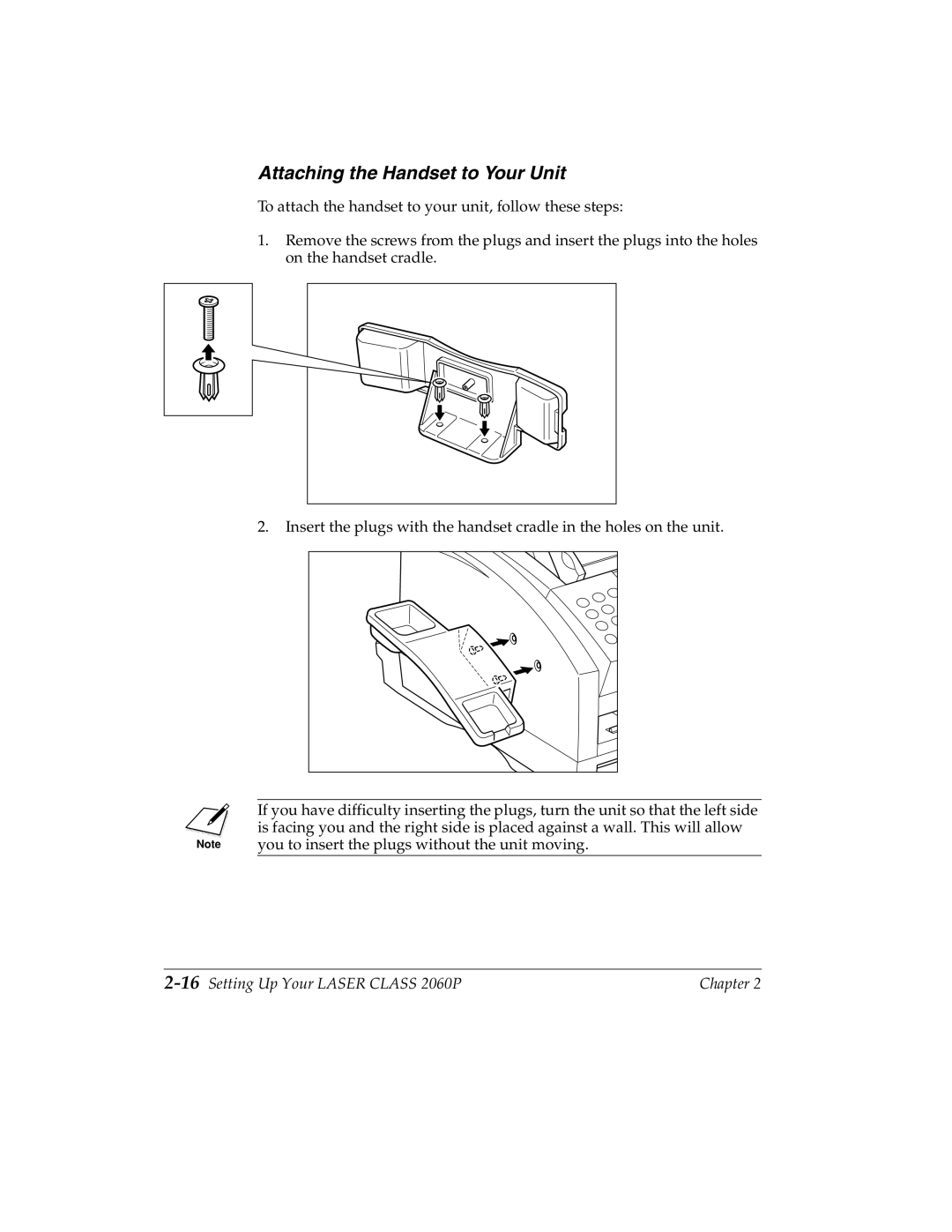 Canon manual Attaching the Handset to Your Unit, 16Setting Up Your Laser Class 2060P 