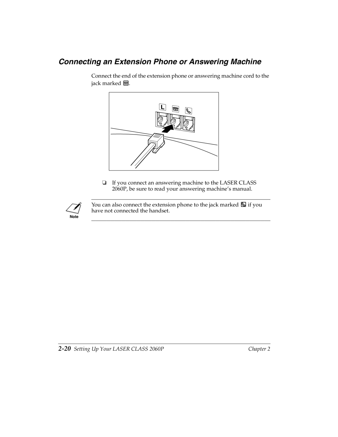 Canon manual Connecting an Extension Phone or Answering Machine, 20Setting Up Your Laser Class 2060P 