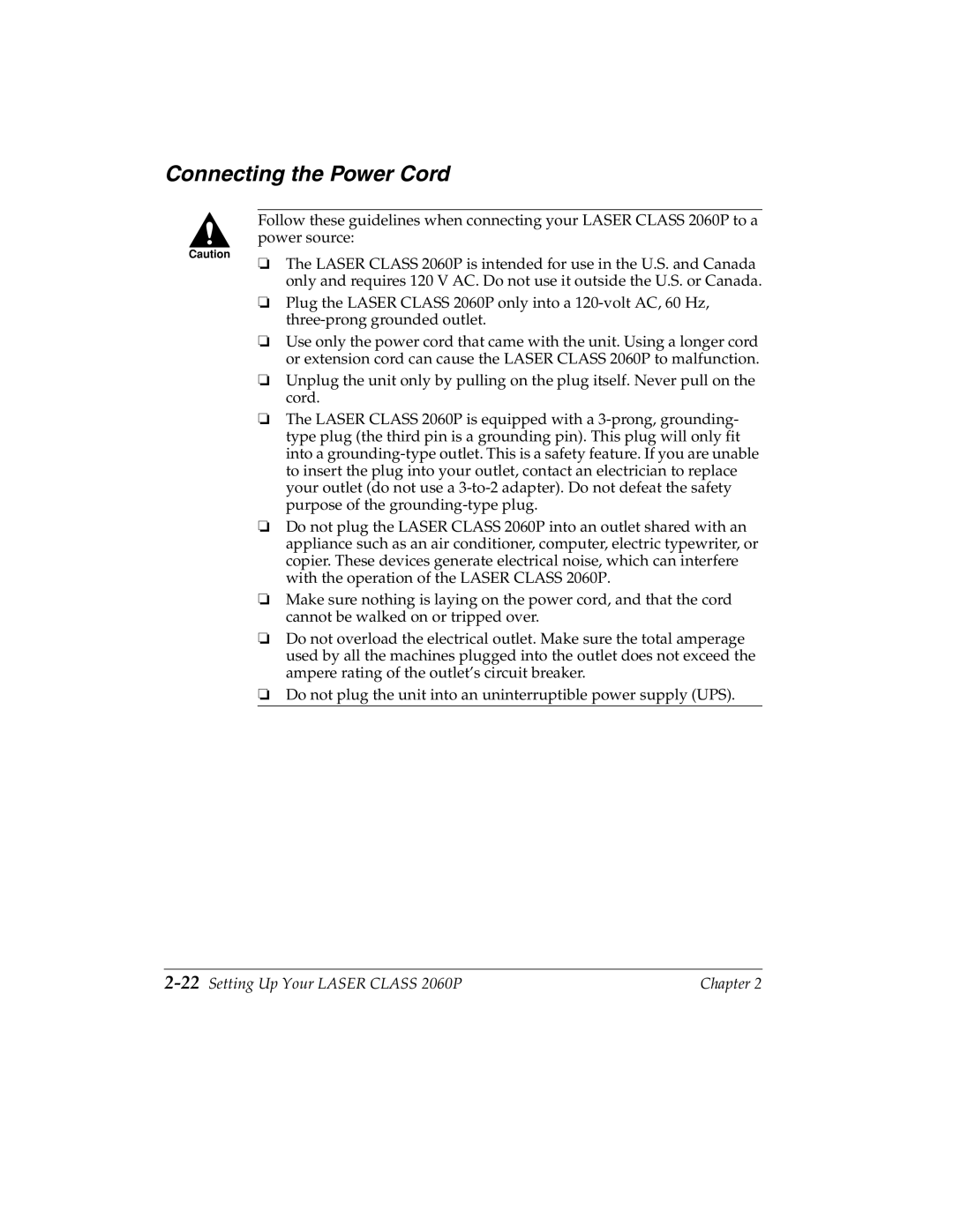 Canon manual Connecting the Power Cord, 22Setting Up Your Laser Class 2060P 