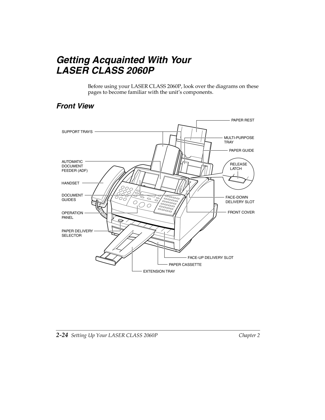 Canon manual Getting Acquainted With Your, Front View, 24Setting Up Your Laser Class 2060P 