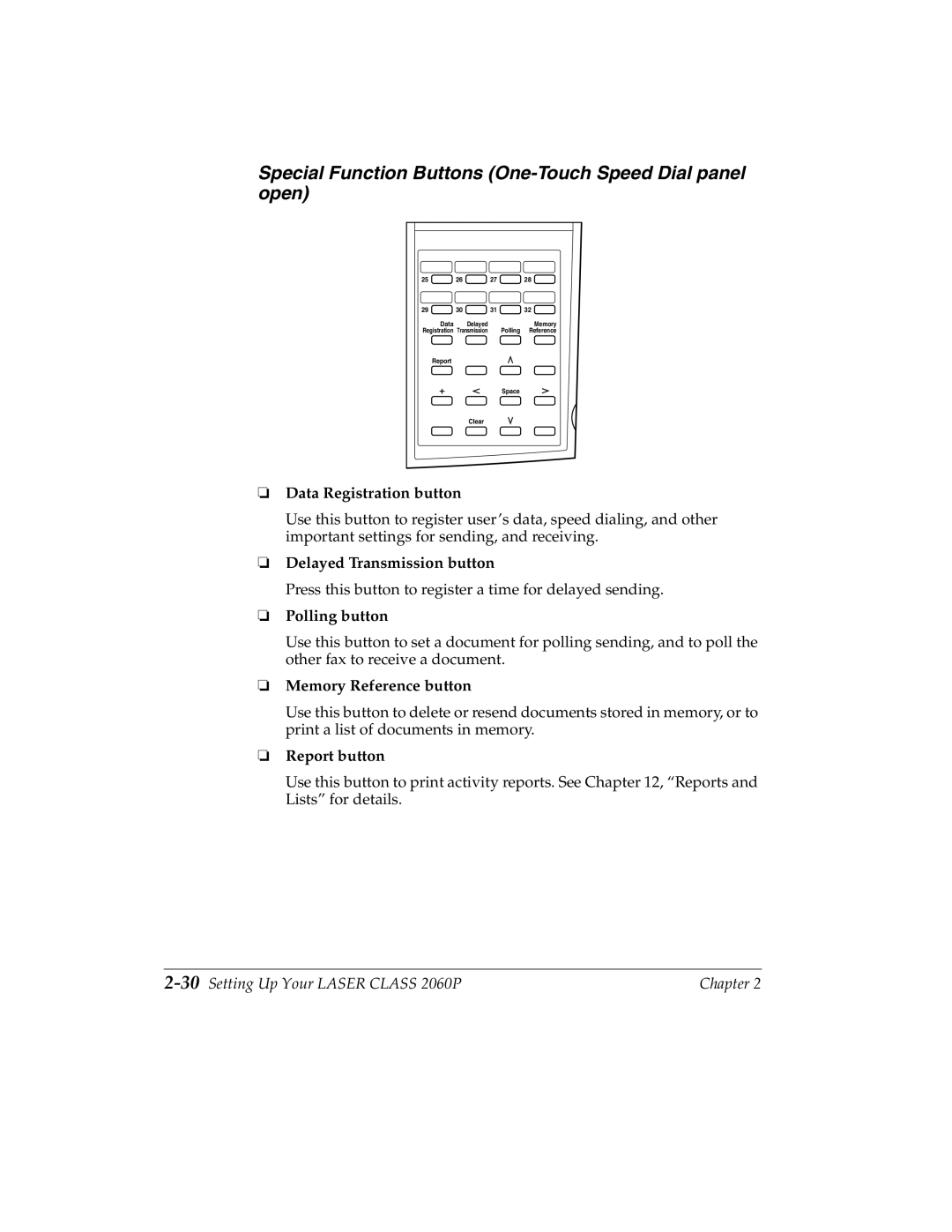 Canon manual Special Function Buttons One-Touch Speed Dial panel open, 30Setting Up Your Laser Class 2060P 