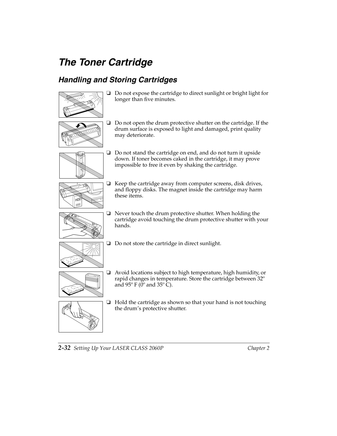 Canon manual Toner Cartridge, Handling and Storing Cartridges, 32Setting Up Your Laser Class 2060P 