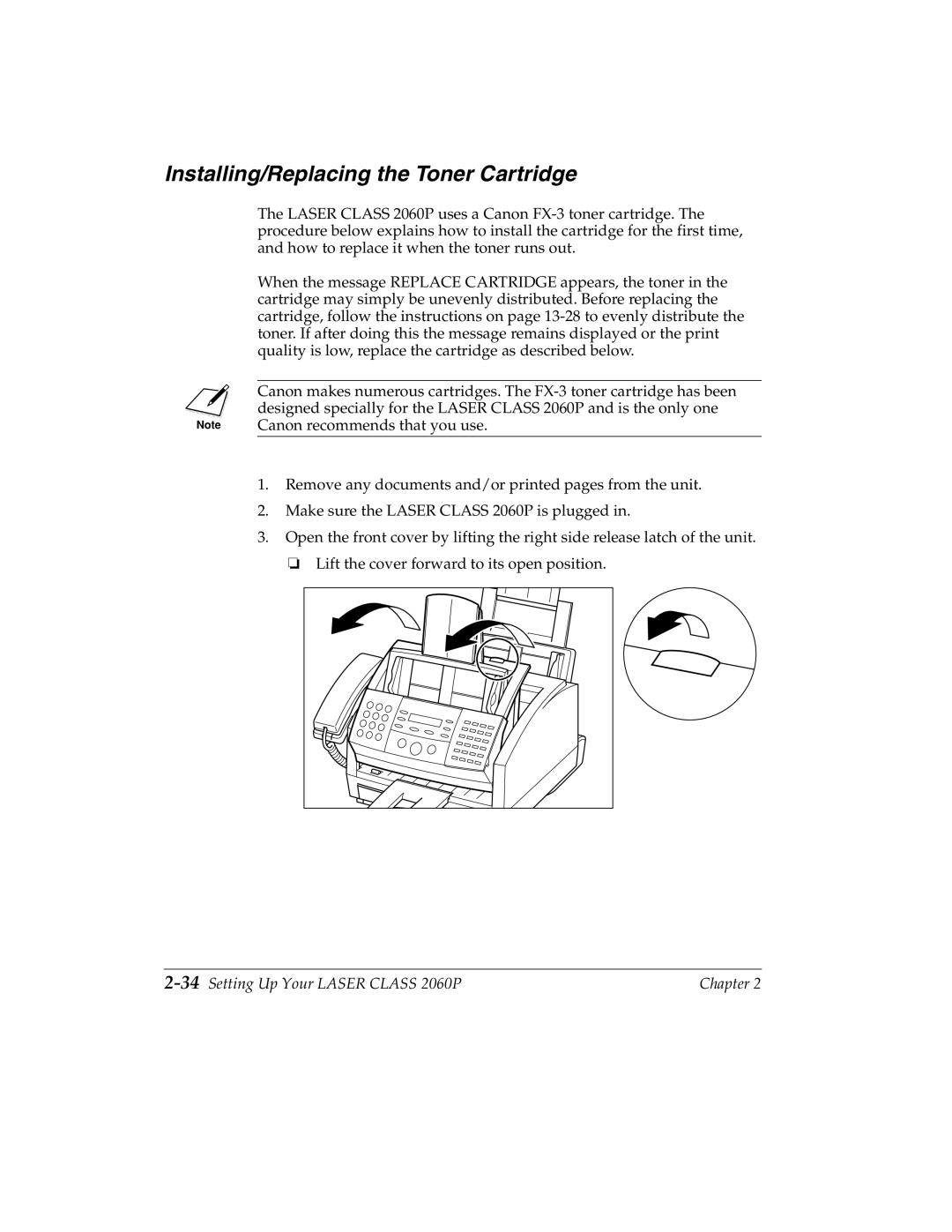 Canon manual Installing/Replacing the Toner Cartridge, 34Setting Up Your Laser Class 2060P 