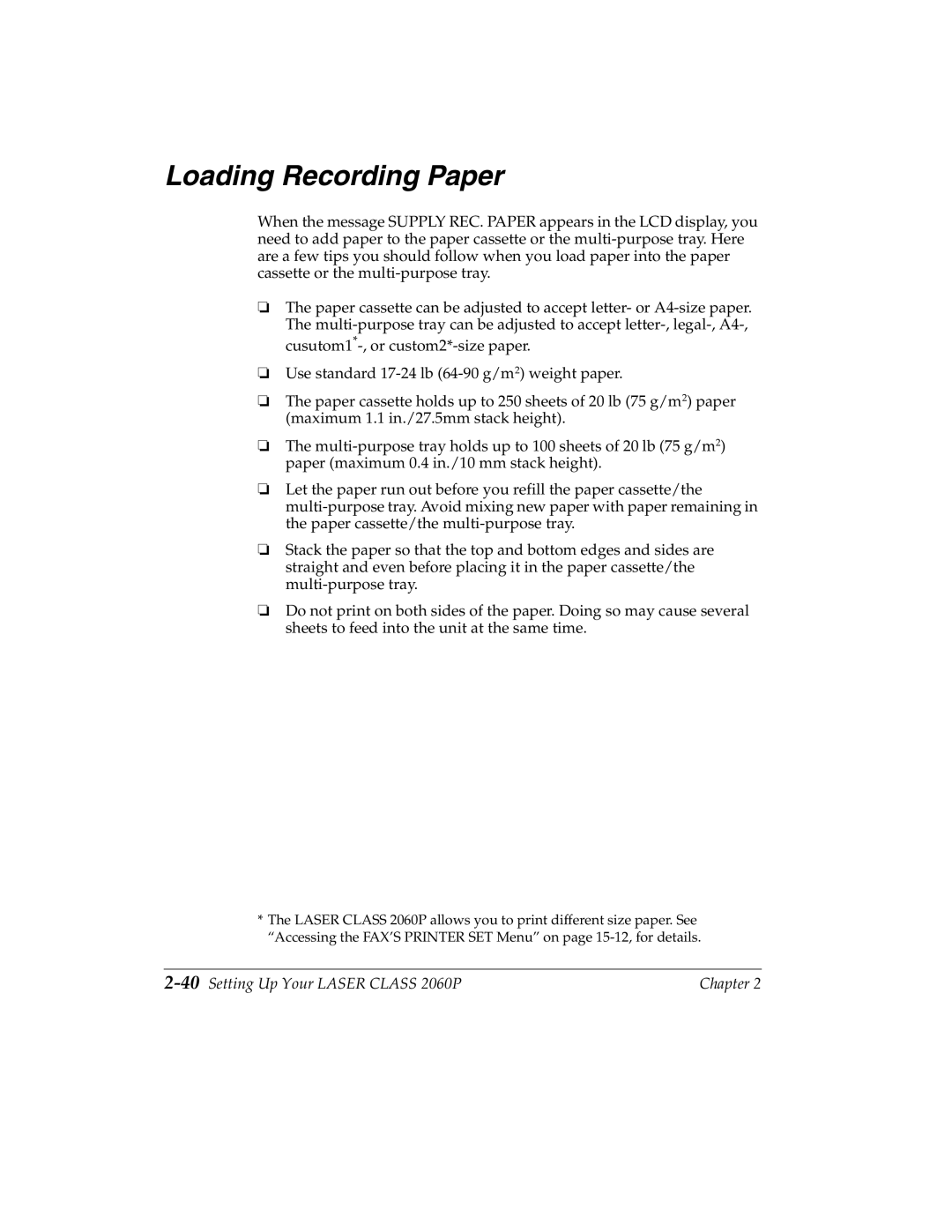 Canon manual Loading Recording Paper, 40Setting Up Your Laser Class 2060P 