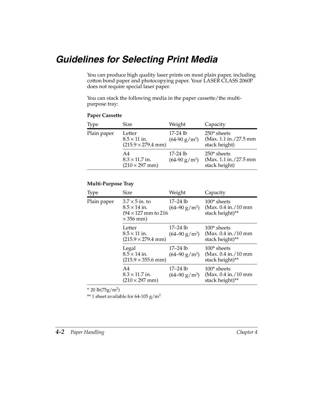 Canon 2060P manual Guidelines for Selecting Print Media, Paper Cassette, Multi-Purpose Tray, 2Paper Handling 