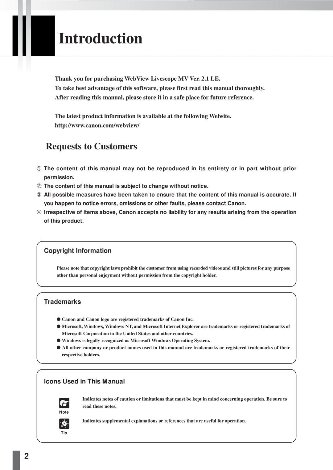 Canon 2.1 user manual Introduction, Copyright Information, Trademarks, Icons Used in This Manual 