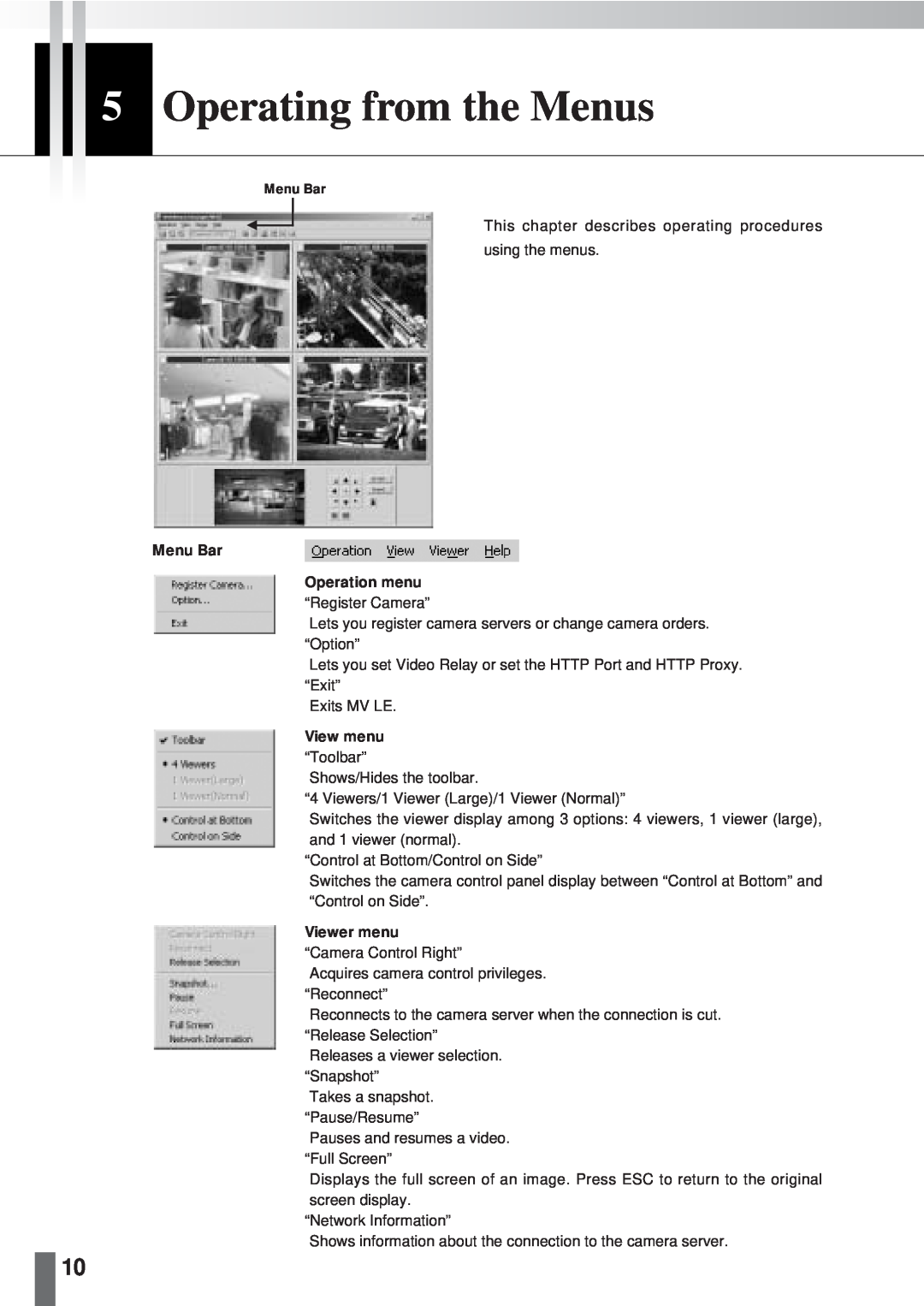 Canon 2.1 user manual 5Operating from the Menus, Menu Bar Operation menu, View menu, Viewer menu 