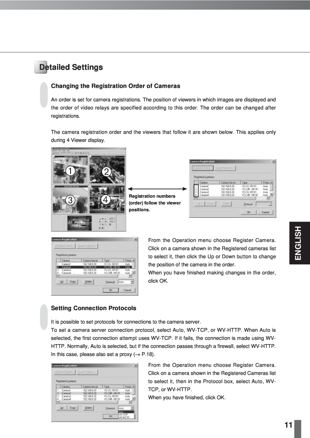 Canon 2.1 user manual Detailed Settings, English, Changing the Registration Order of Cameras, Setting Connection Protocols 