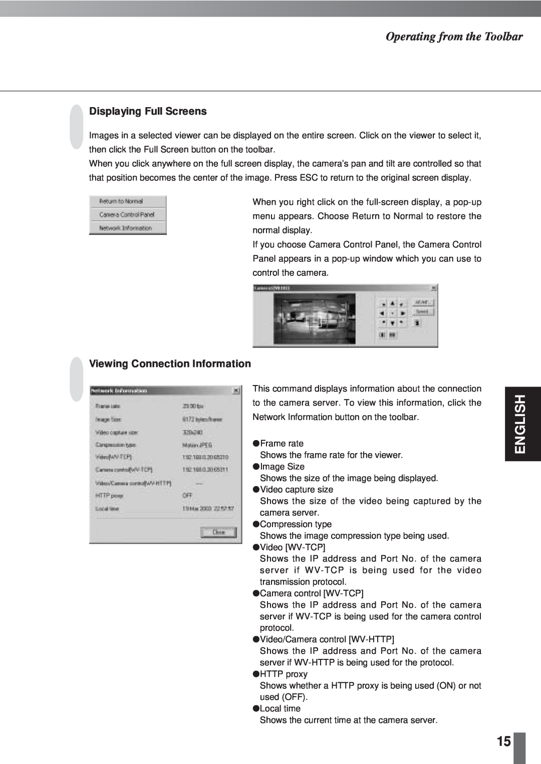 Canon 2.1 user manual English, Operating from the Toolbar, Displaying Full Screens, Viewing Connection Information 