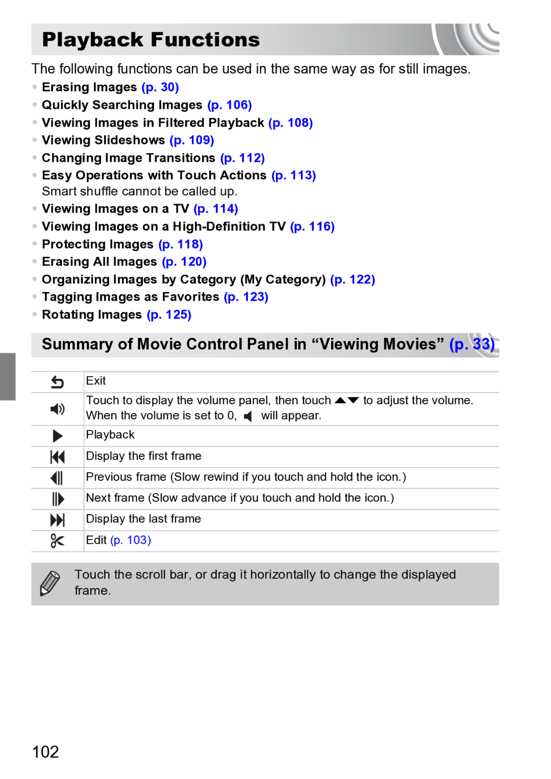 Canon 210 manual Playback Functions, 102, Summary of Movie Control Panel in Viewing Movies p 