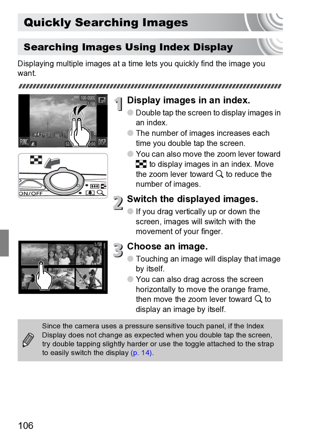 Canon 210 manual Quickly Searching Images, Searching Images Using Index Display, Display images in an index, 106 